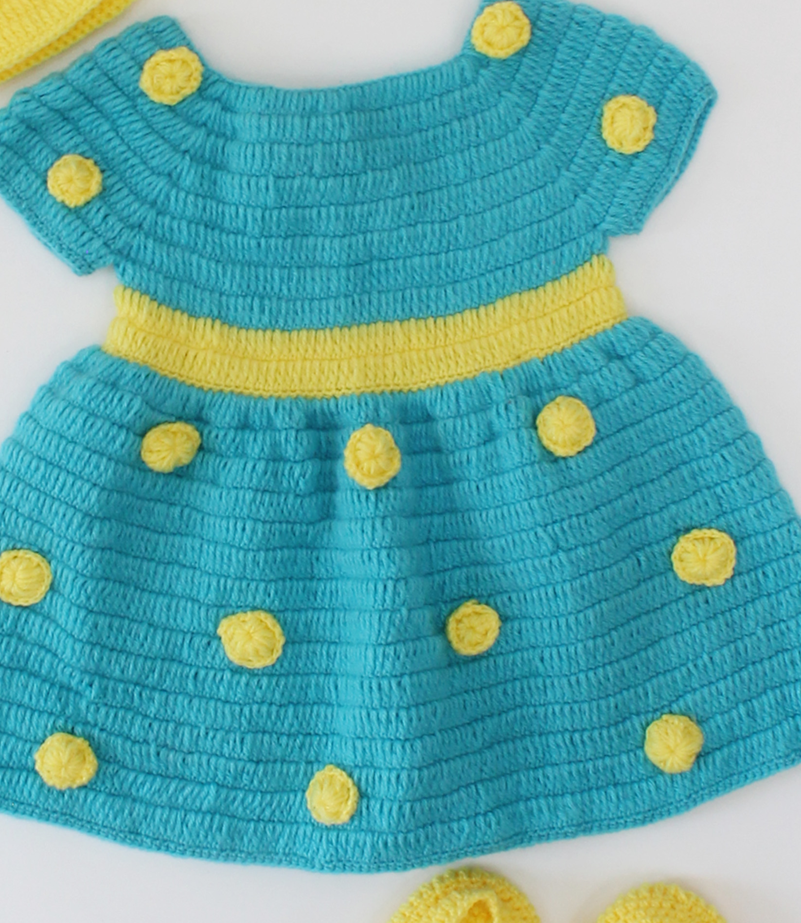 Woonie Handmade Polka Dot Pattern Frock With Bow Detailing Cap & Booties- Blue & Yellow