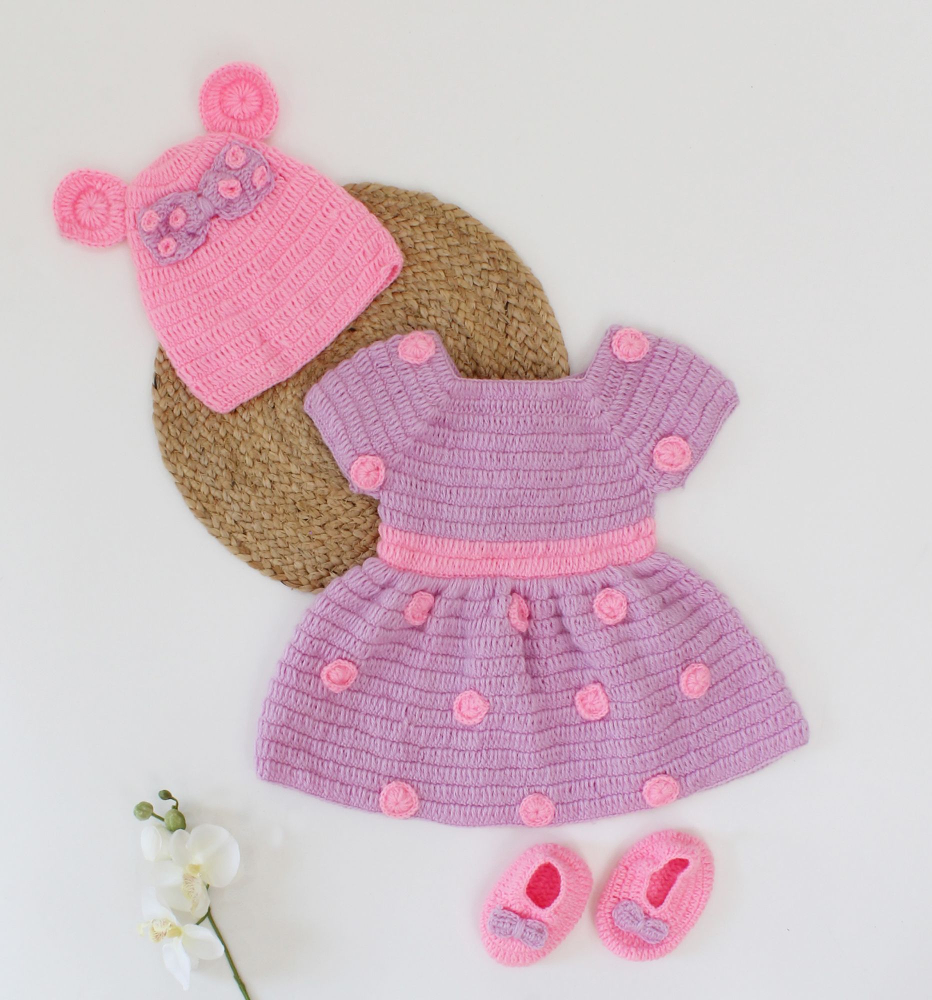 Woonie Handmade Polka Dot Pattern Frock With Bow Detailing Cap & Booties- Purple