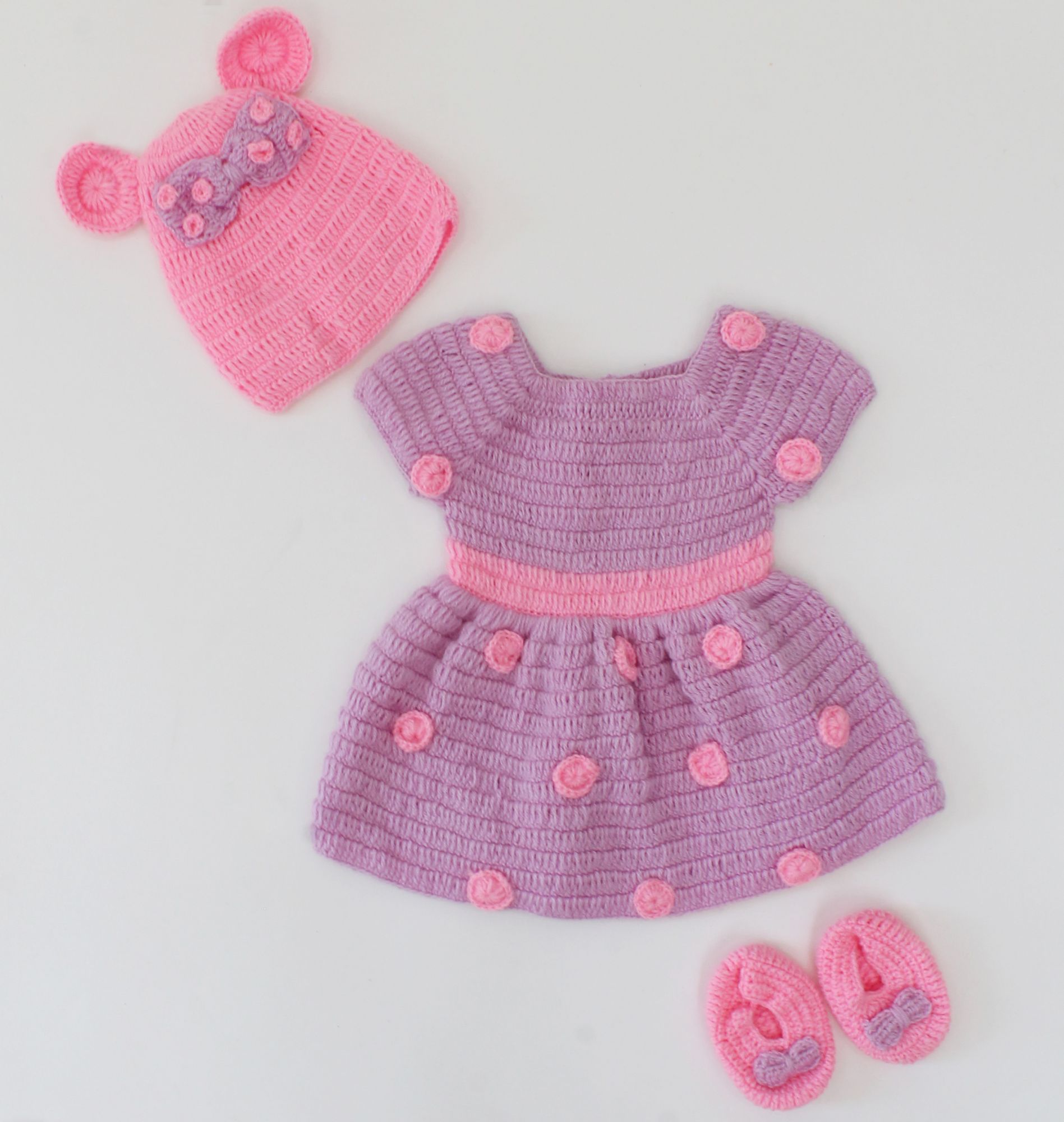Woonie Handmade Polka Dot Pattern Frock With Bow Detailing Cap & Booties- Purple