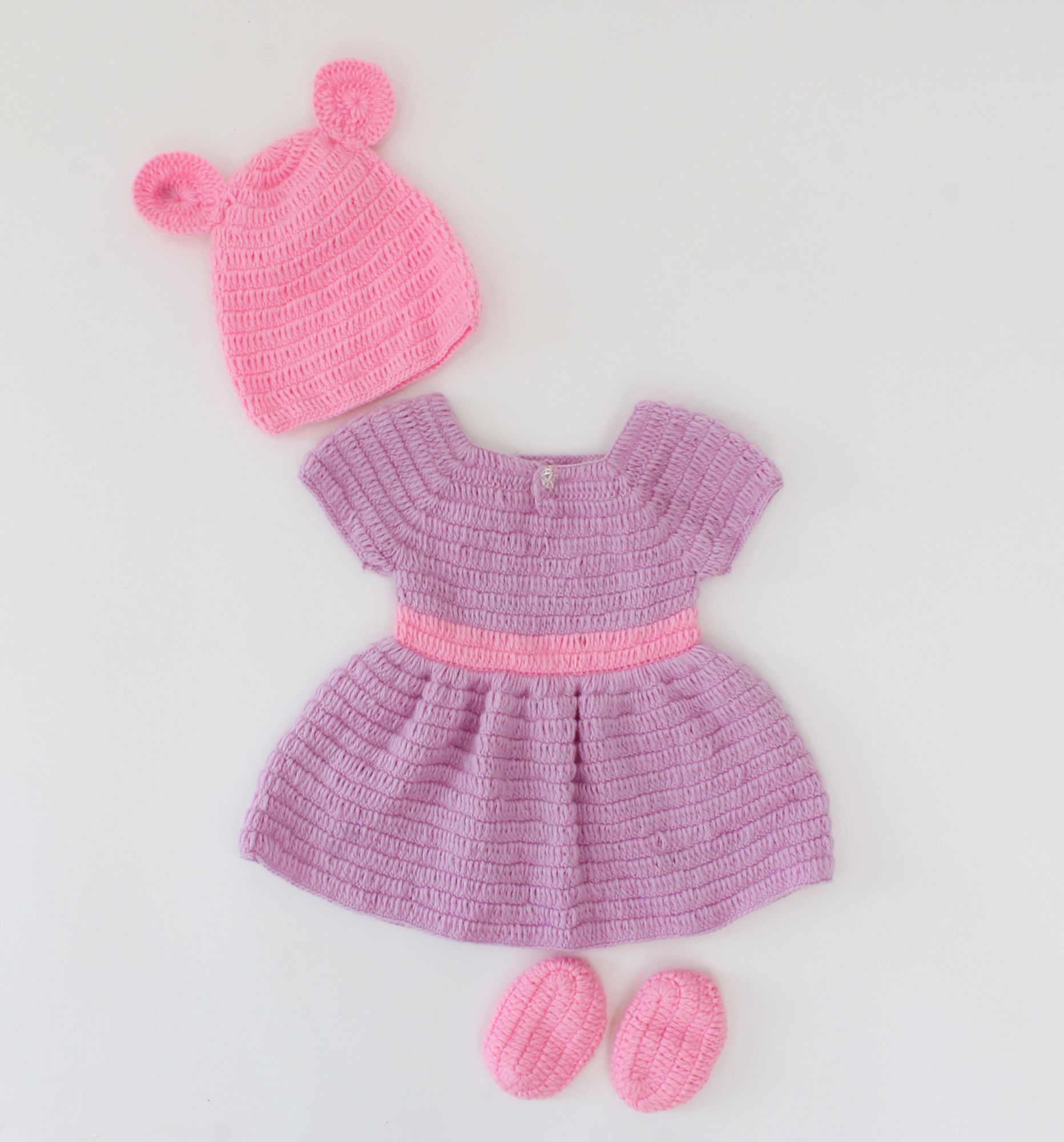 Woonie Handmade Polka Dot Pattern Frock With Bow Detailing Cap & Booties- Purple