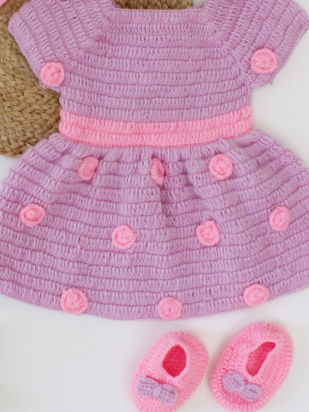 Woonie Handmade Polka Dot Pattern Frock With Bow Detailing Cap & Booties- Purple