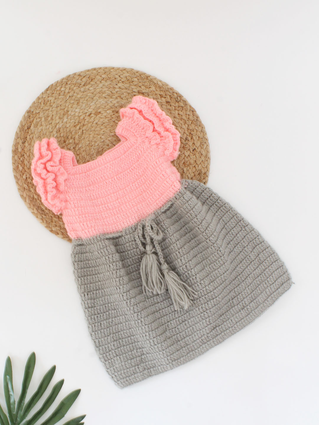 Woonie Crochet Cap Frill Sleeves Detailing Dress - Grey & Pink