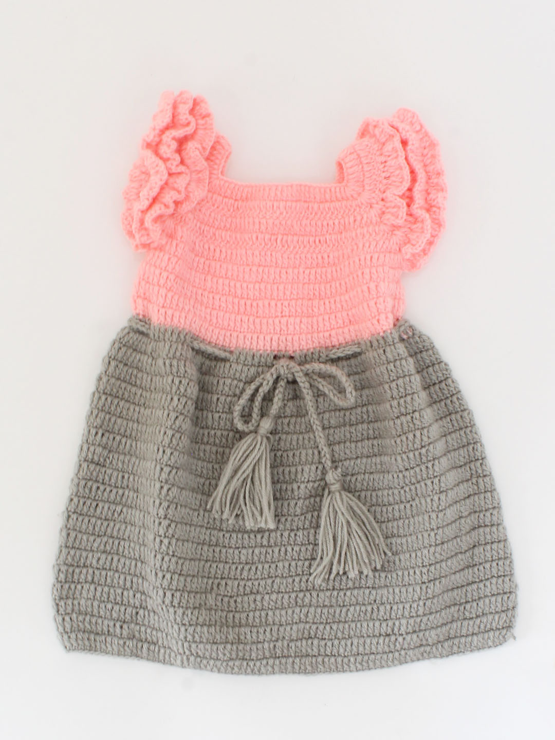 Woonie Crochet Cap Frill Sleeves Detailing Dress - Grey & Pink