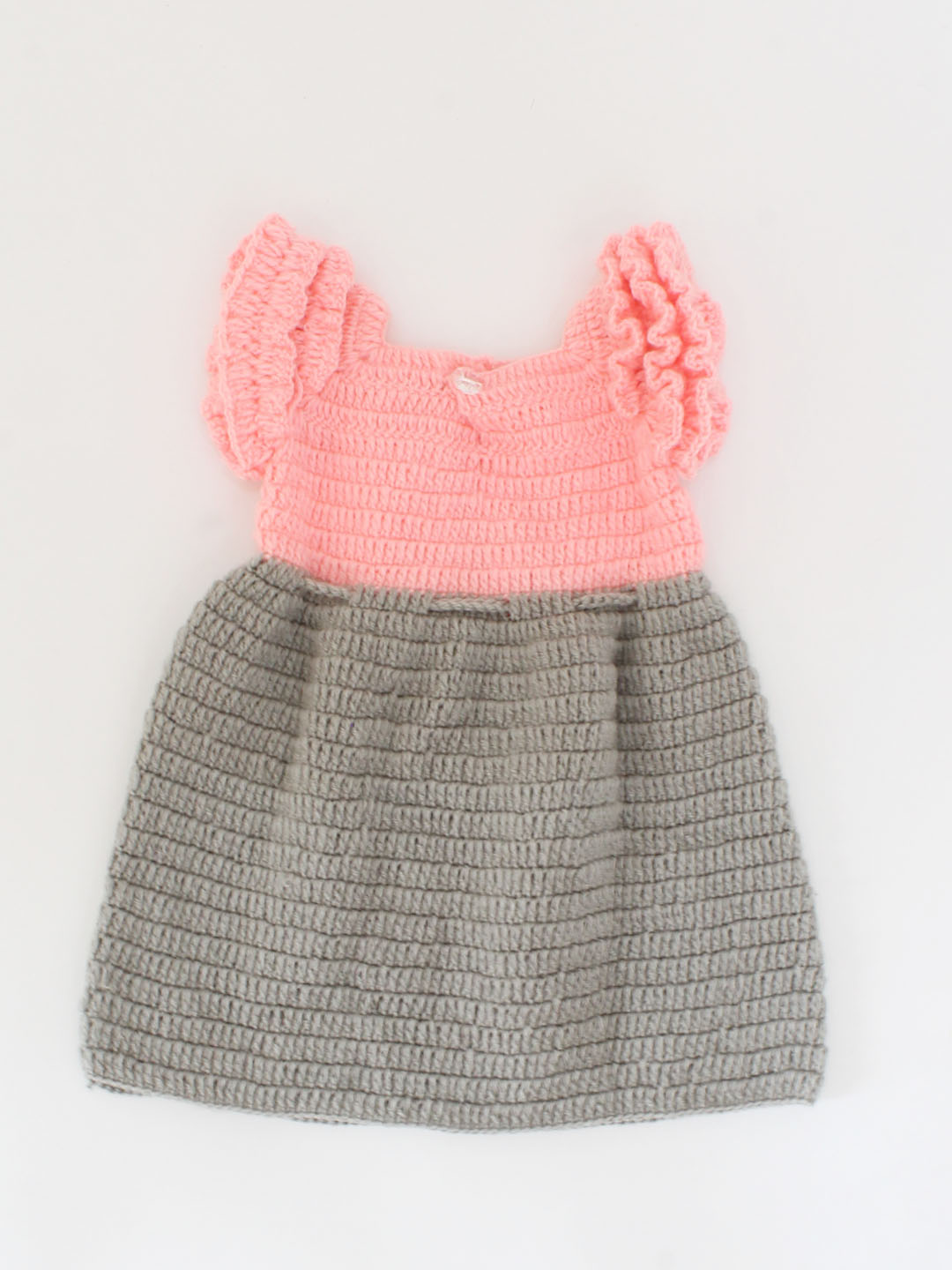 Woonie Crochet Cap Frill Sleeves Detailing Dress - Grey & Pink