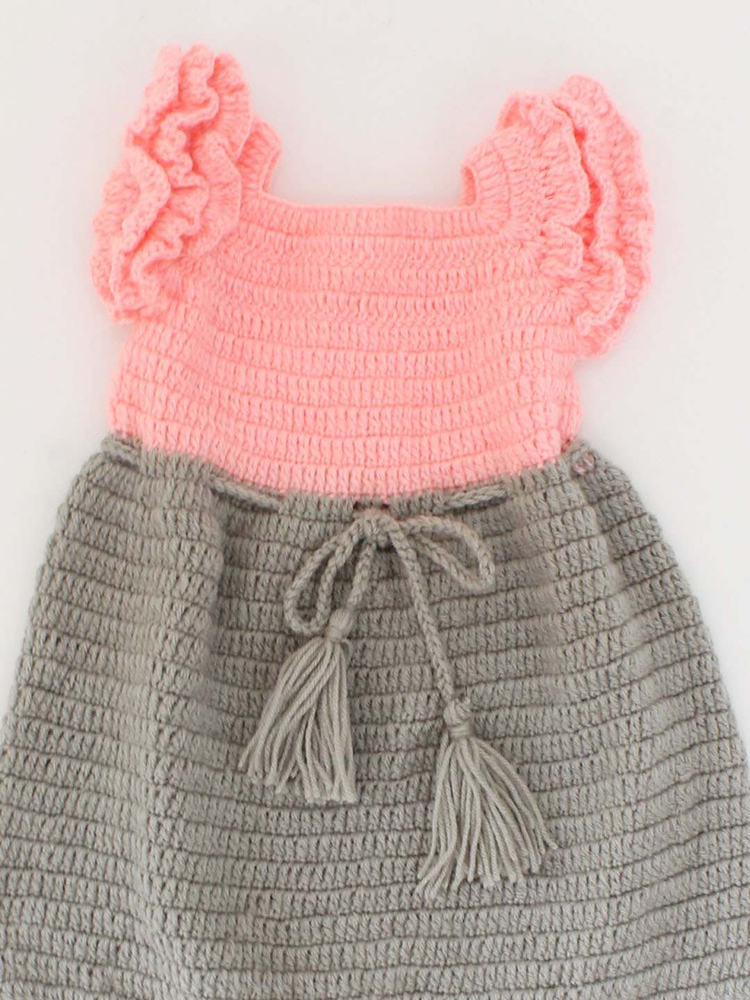 Woonie Crochet Cap Frill Sleeves Detailing Dress - Grey & Pink
