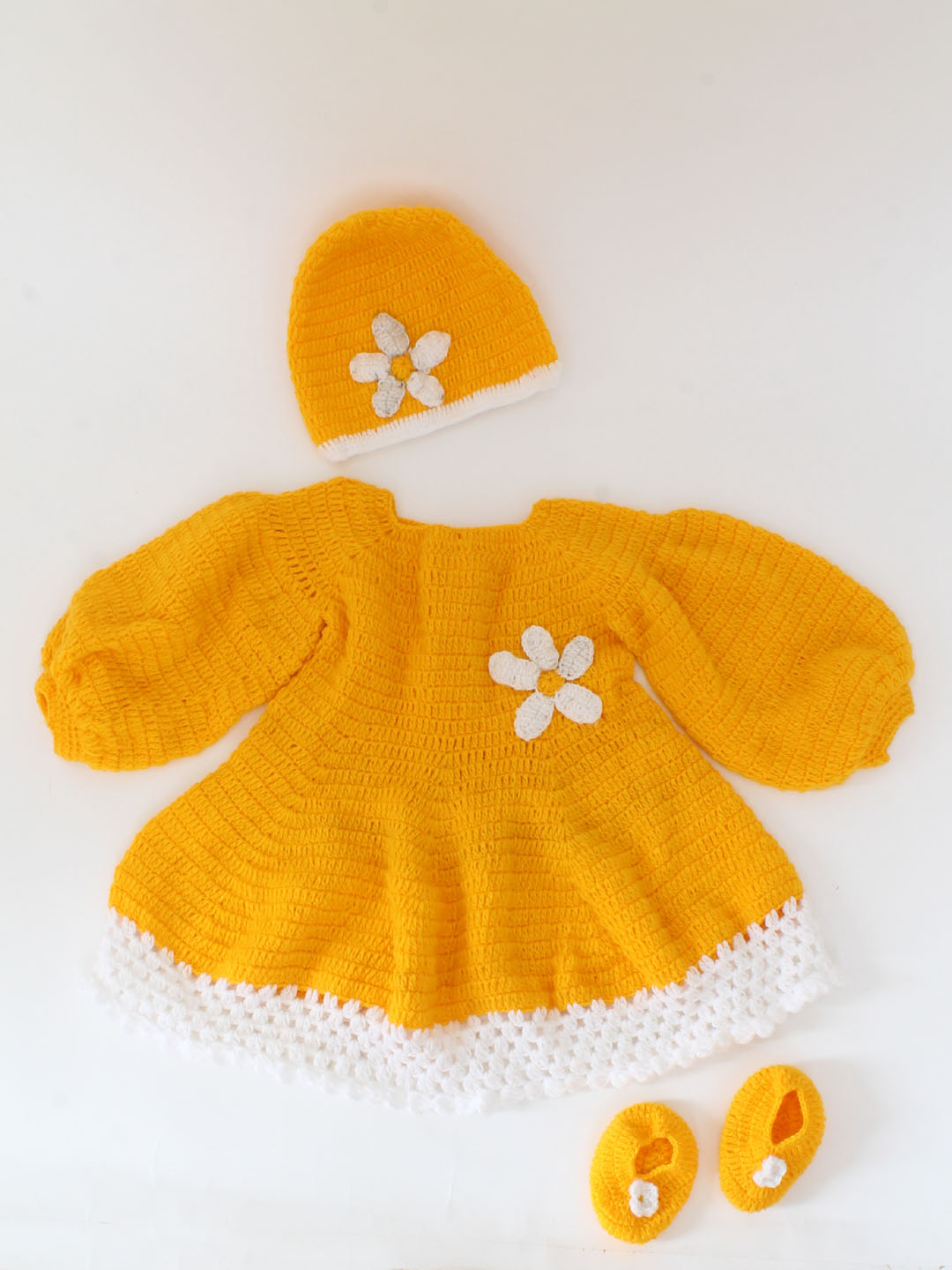 Woonie Handmade crochet Full sleeves Flower Detailing Frock With Cap & Booties-Orange
