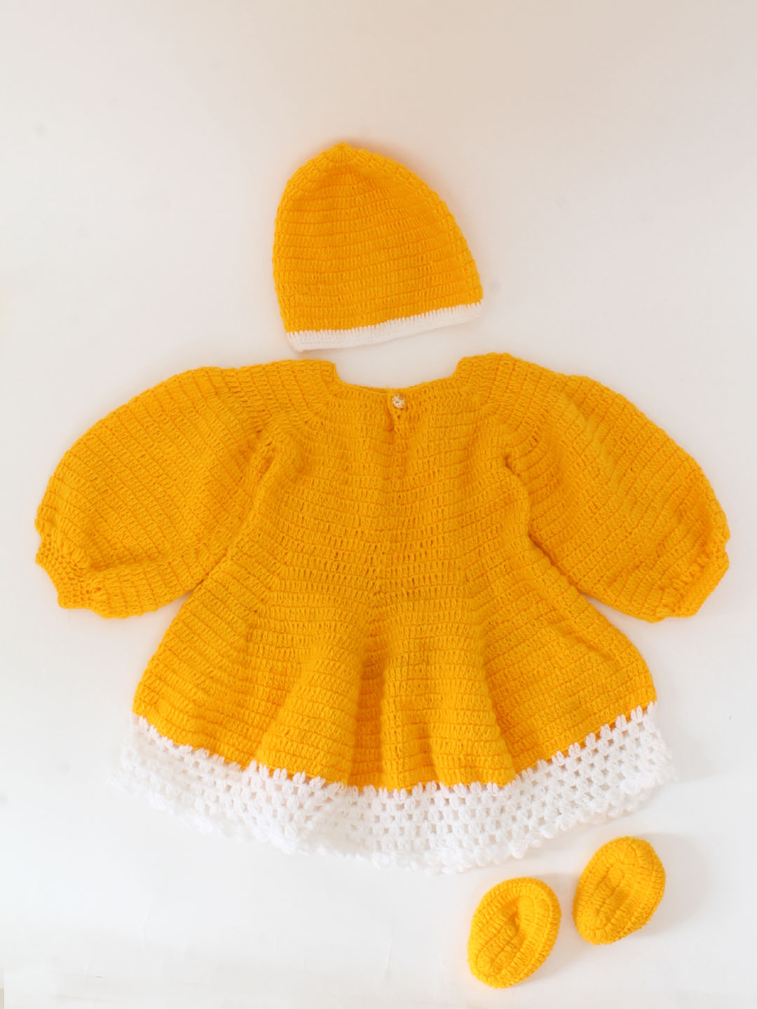Woonie Handmade crochet Full sleeves Flower Detailing Frock With Cap & Booties-Orange
