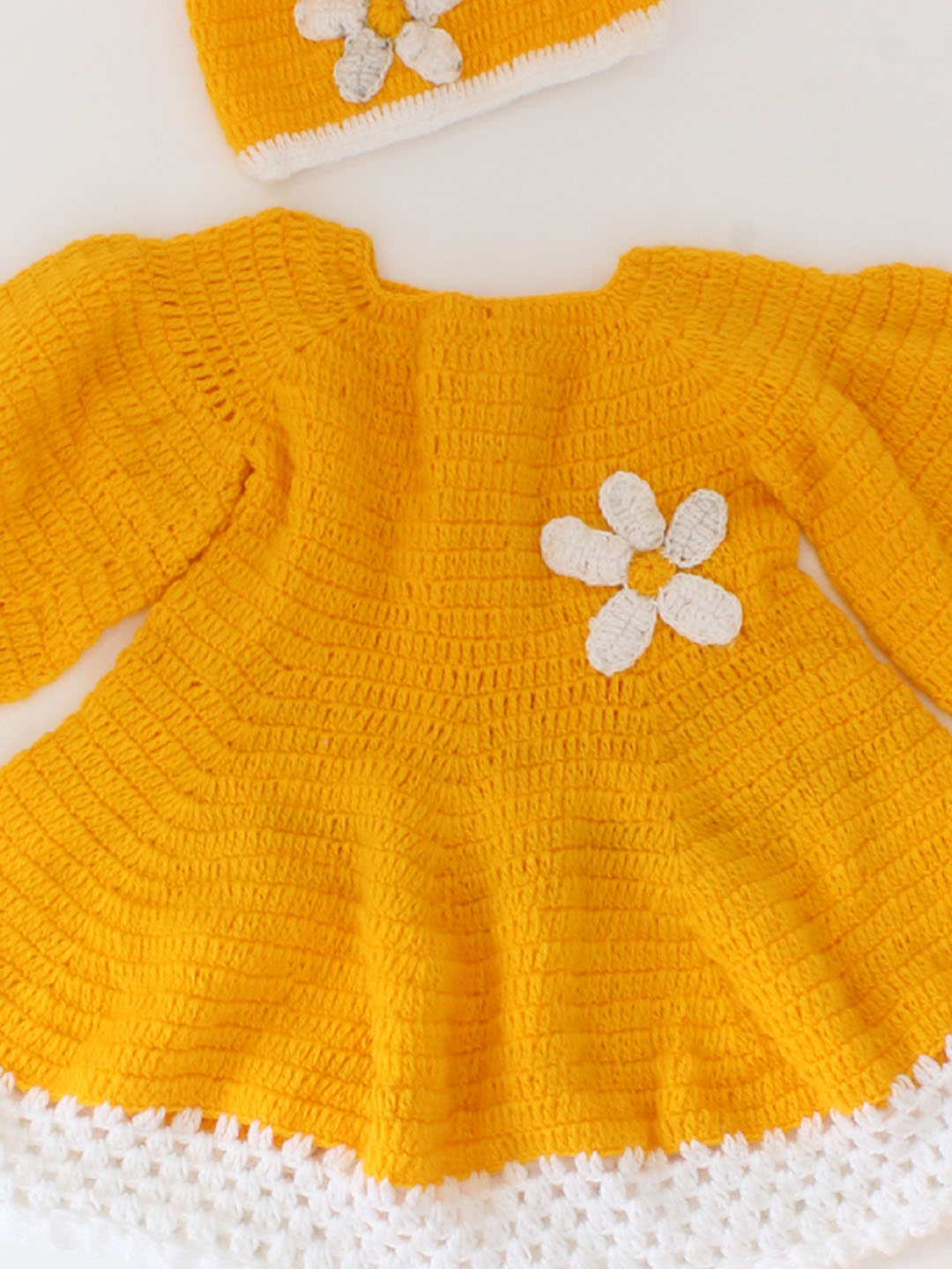 Woonie Handmade crochet Full sleeves Flower Detailing Frock With Cap & Booties-Orange