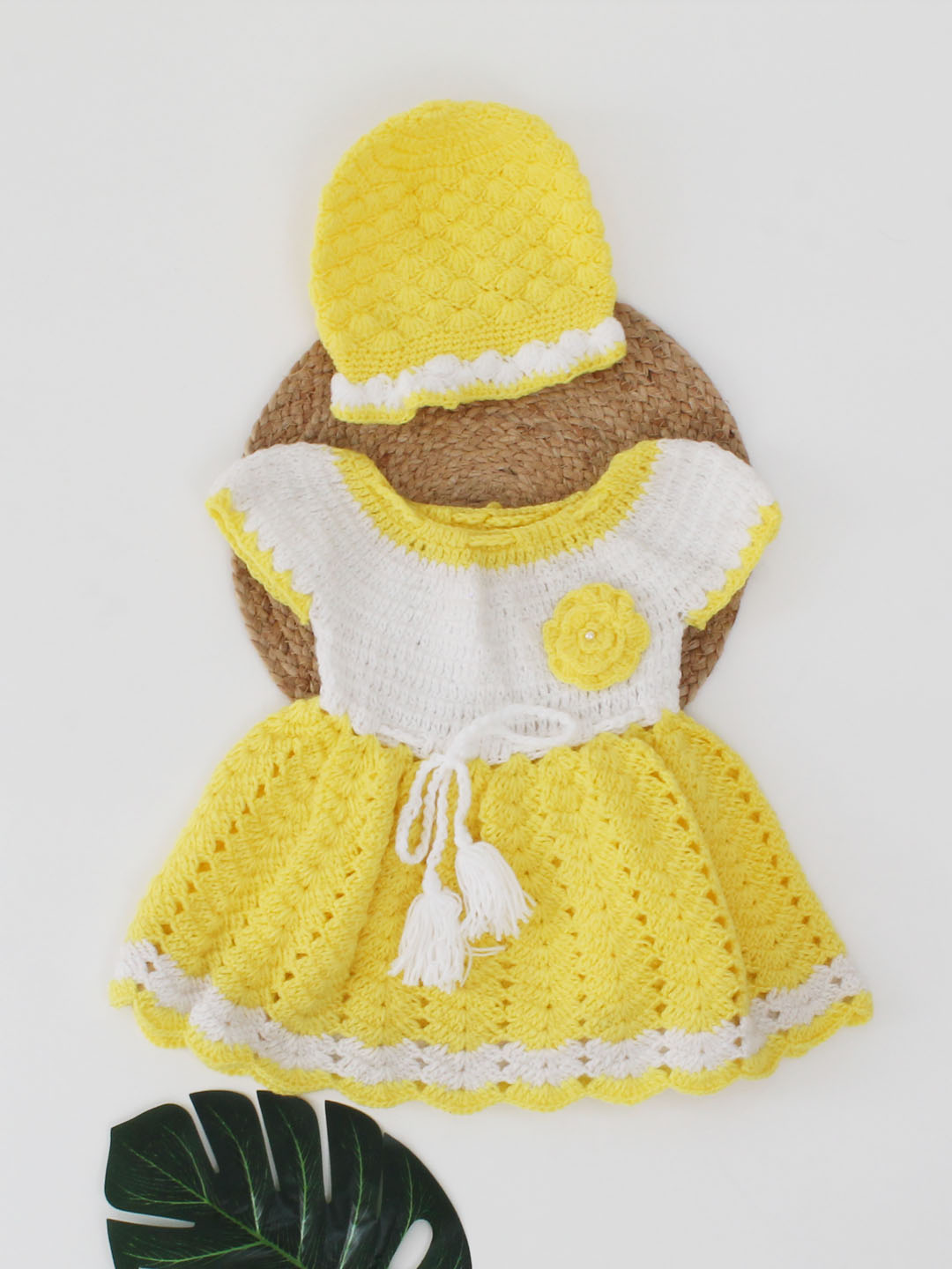 Woonie Crochet Short Sleeves Floral Frock With Cap-Yellow