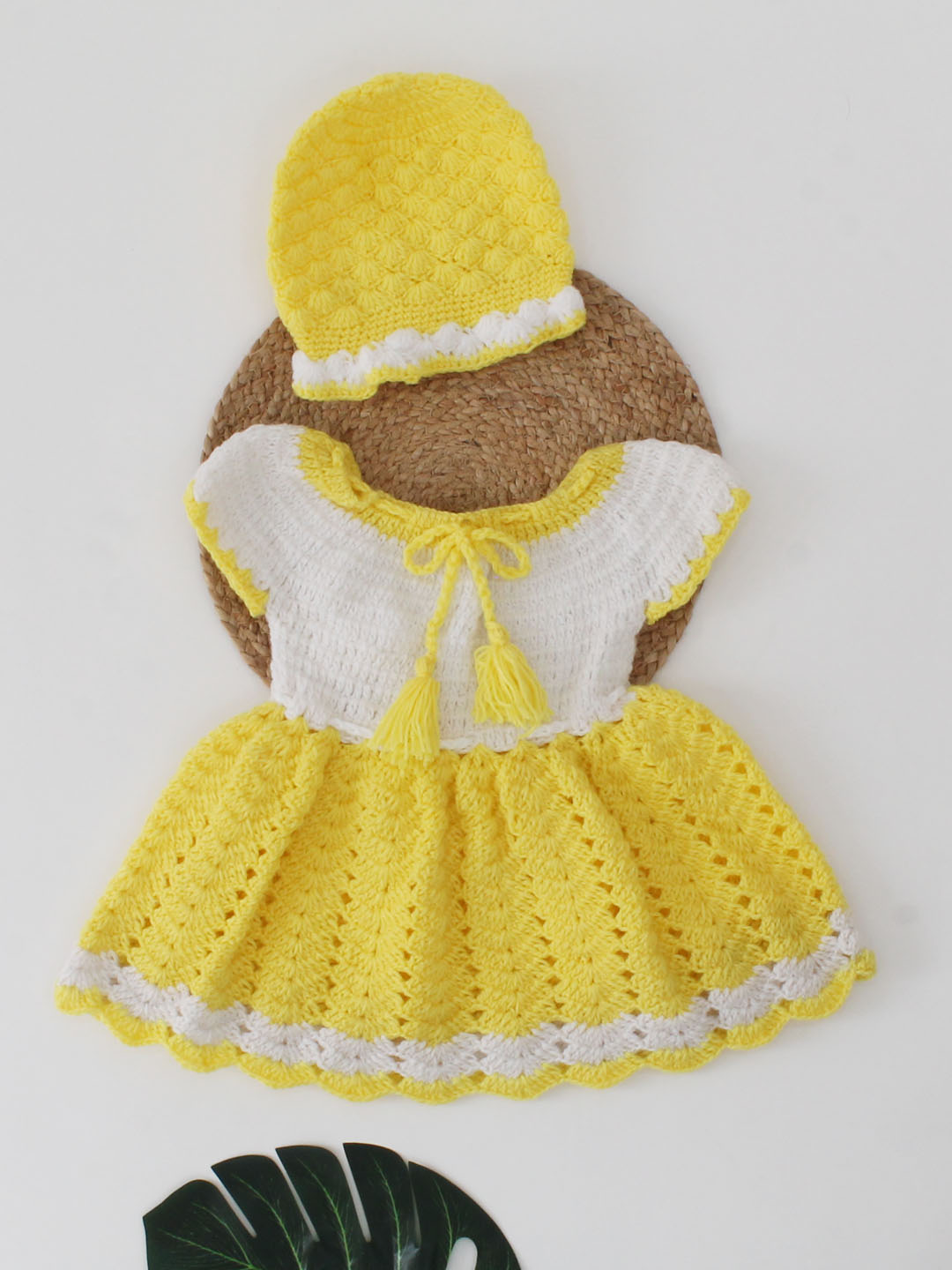 Woonie Crochet Short Sleeves Floral Frock With Cap-Yellow