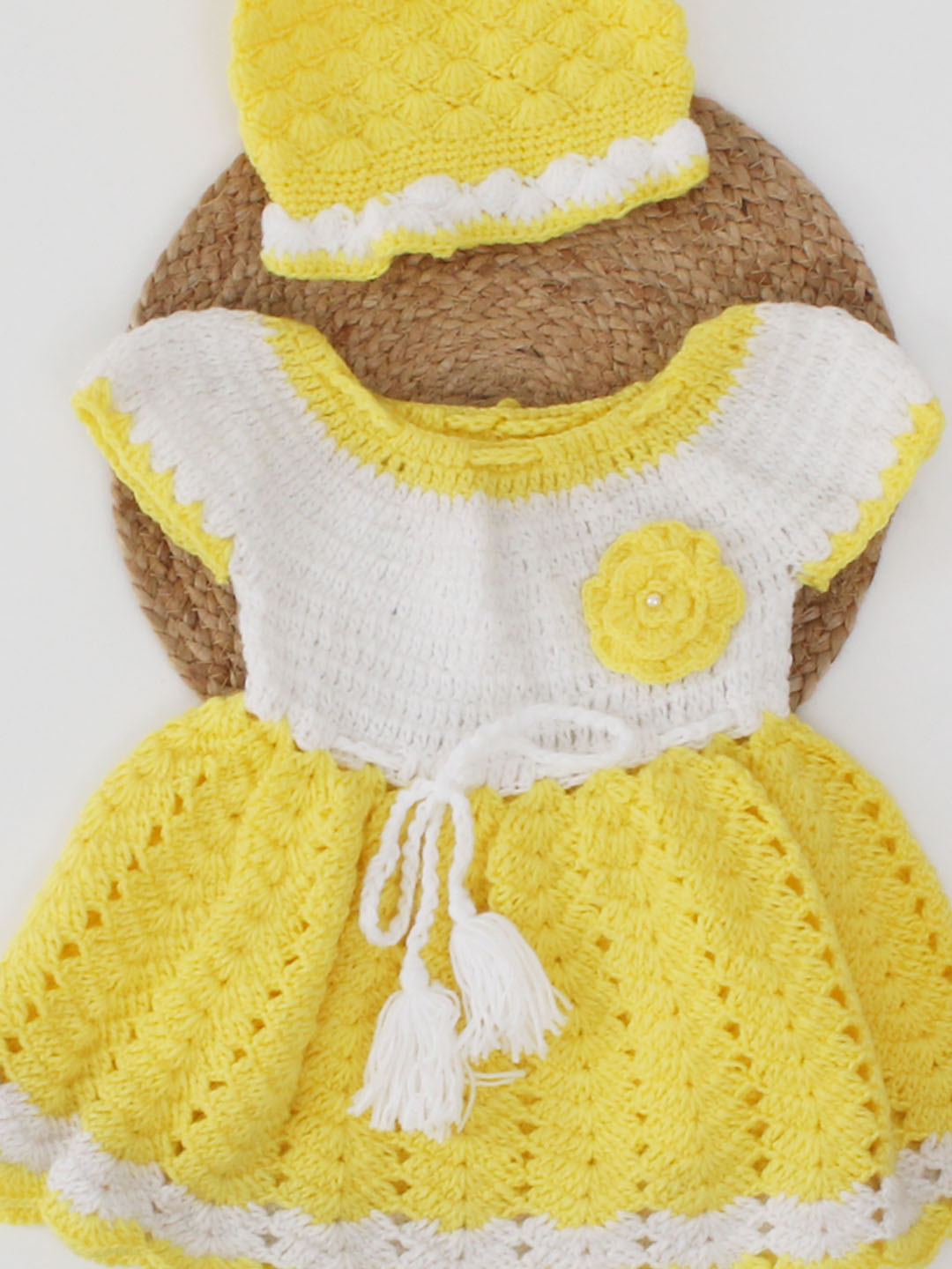 Woonie Crochet Short Sleeves Floral Frock With Cap-Yellow