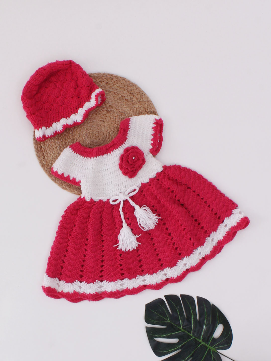 Woonie Crochet Short Sleeves Floral Frock With Cap-Pink