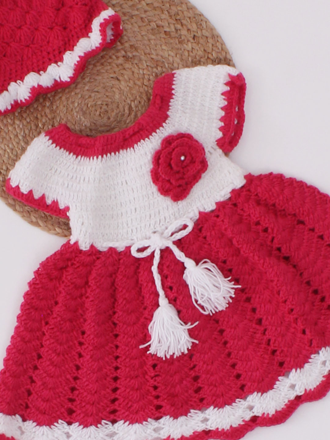 Woonie Crochet Short Sleeves Floral Frock With Cap-Pink