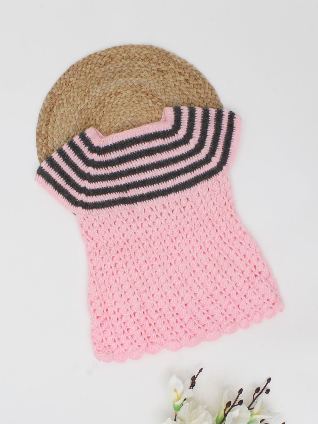 Woonie Handmade Cap Sleeves Striped Pattern Single Dress-Pink & Grey