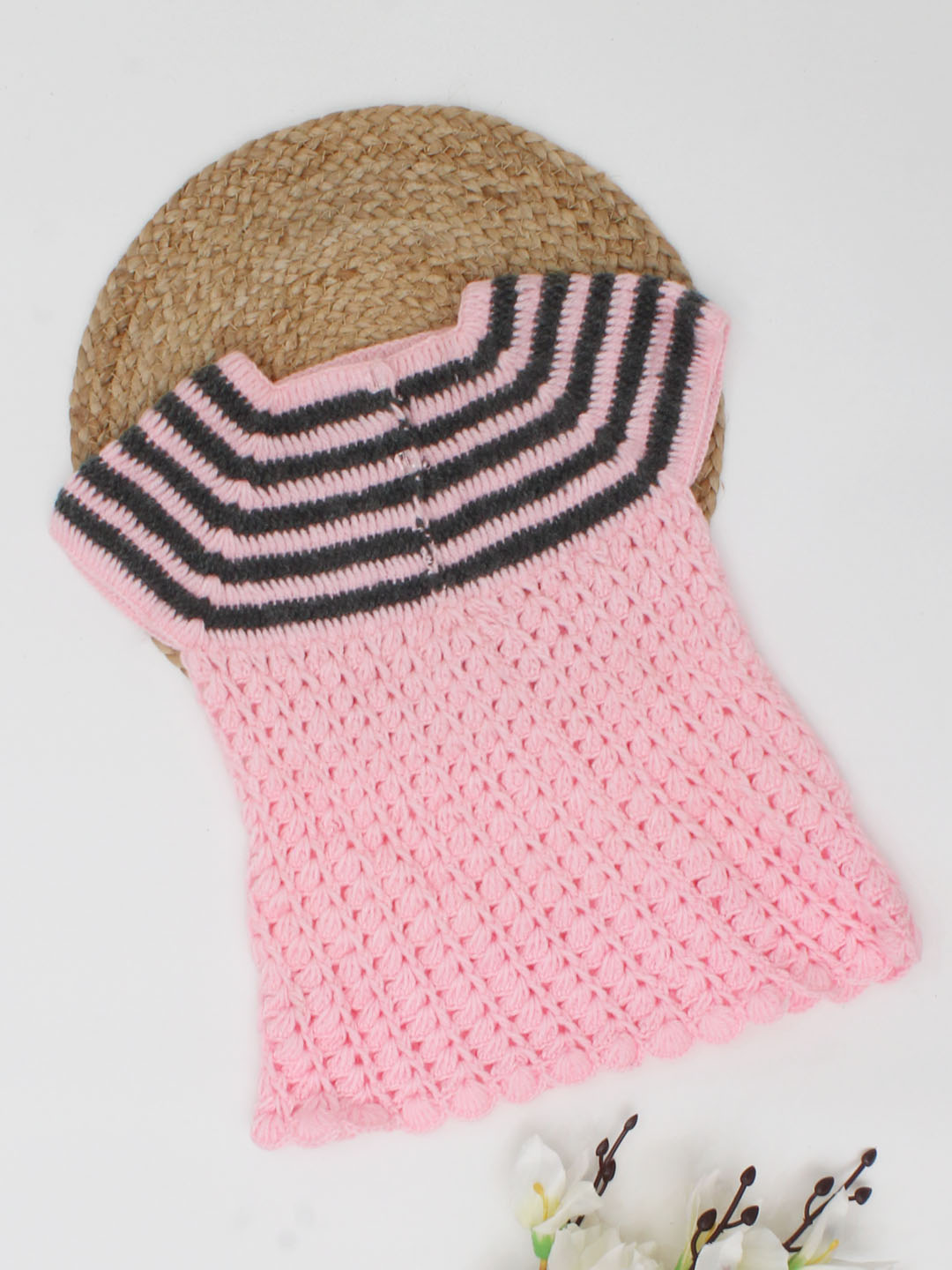 Woonie Handmade Cap Sleeves Striped Pattern Single Dress-Pink & Grey