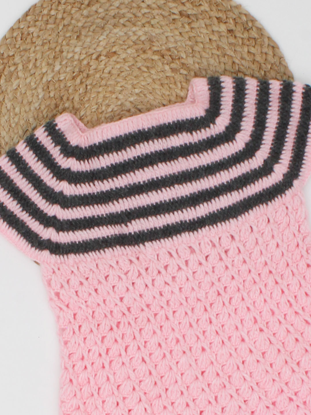 Woonie Handmade Cap Sleeves Striped Pattern Single Dress-Pink & Grey