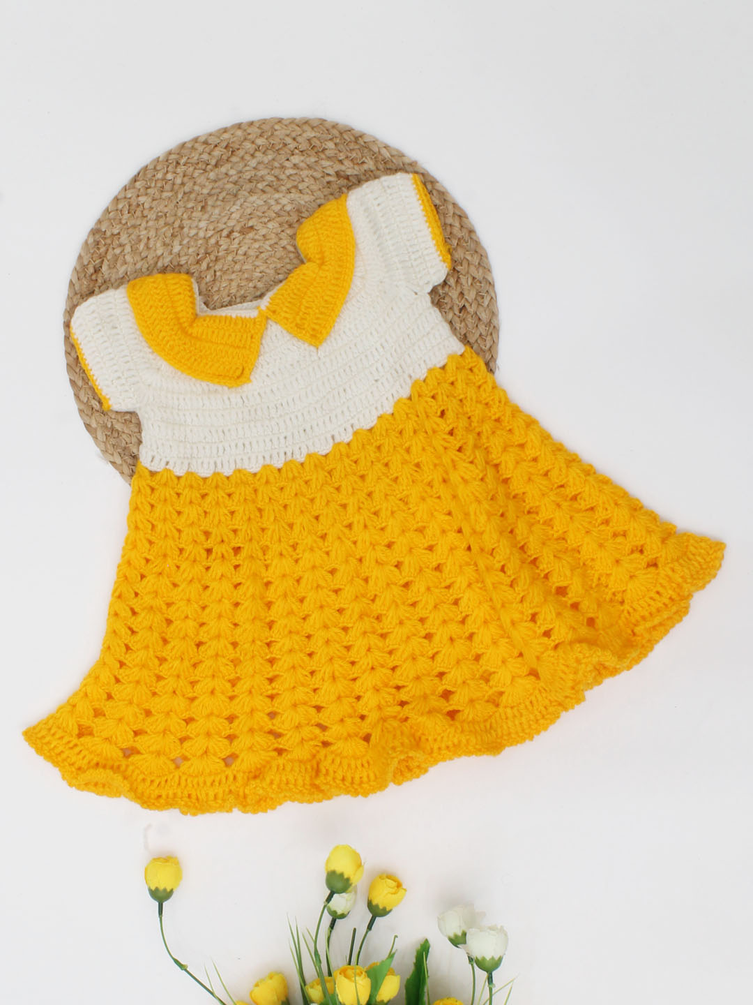 Woonie Handmade Short Sleeves Peter Pan Collar Frock - Yellow