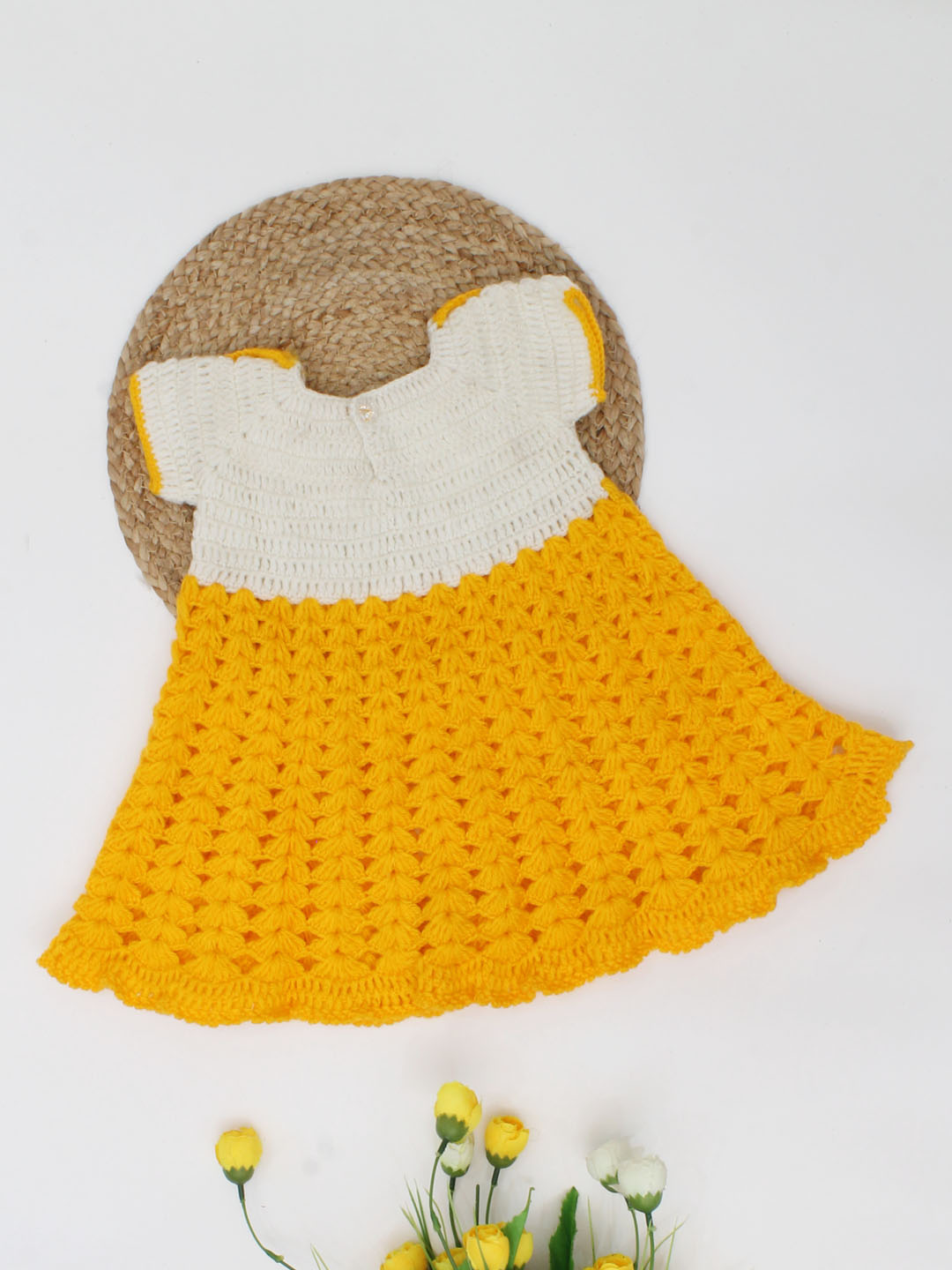 Woonie Handmade Short Sleeves Peter Pan Collar Frock - Yellow