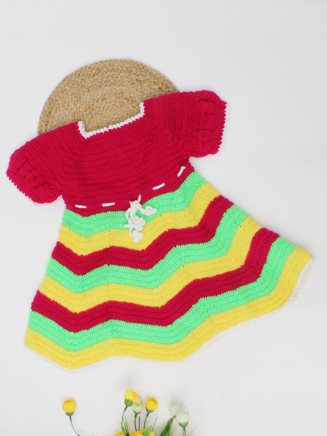Woonie Handmade Puff Sleeves With Zigzag Pattern Frock- Multi