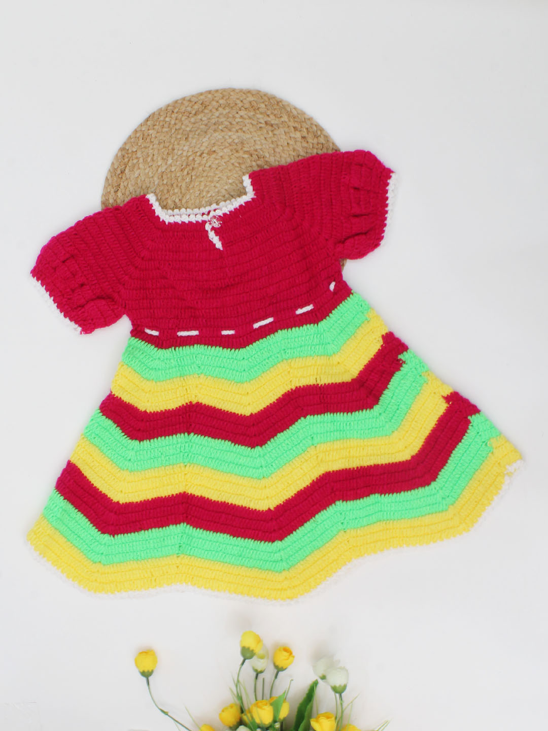 Woonie Handmade Puff Sleeves With Zigzag Pattern Frock- Multi