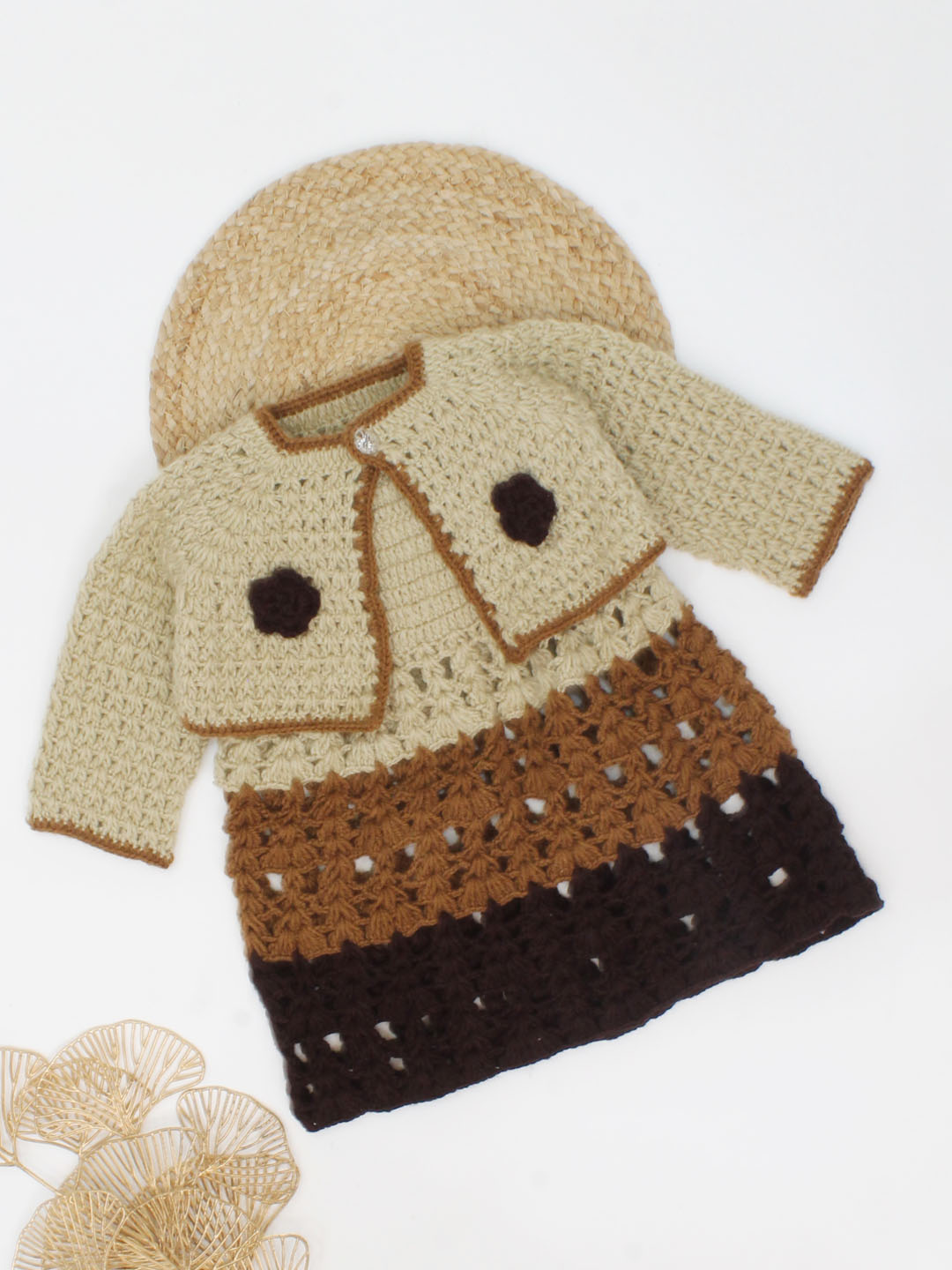 Woonie Handmade Cap Sleeves Frock With Flower Detailing Full Sleeves Jacket-Beige & Brown