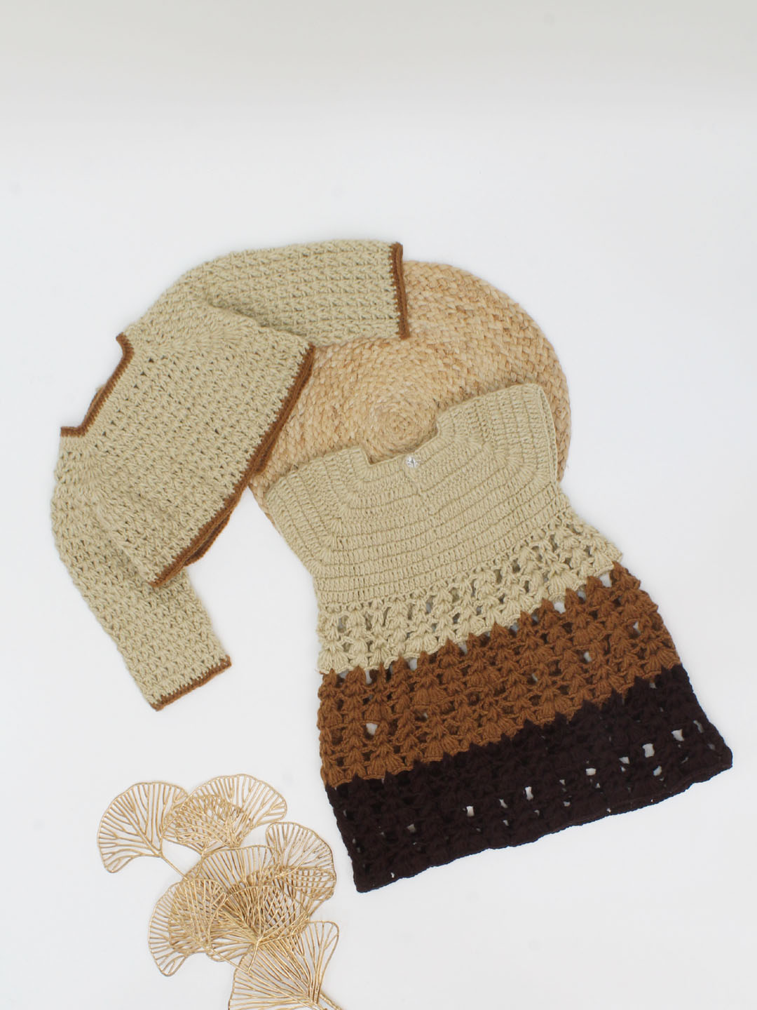 Woonie Handmade Cap Sleeves Frock With Flower Detailing Full Sleeves Jacket-Beige & Brown