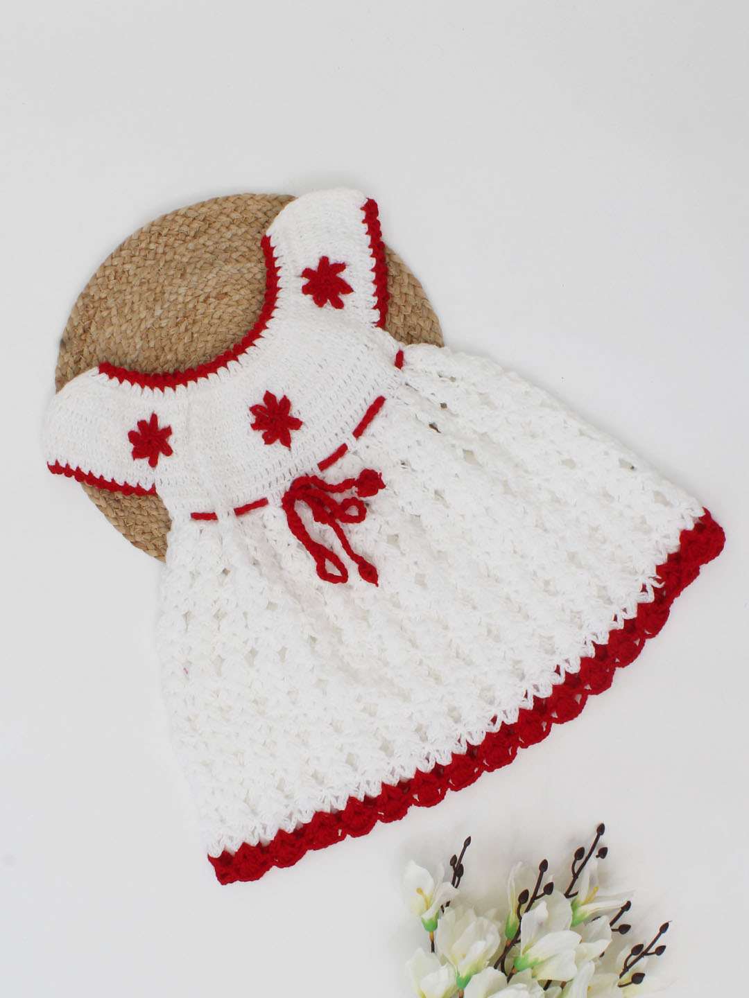 Woonie Handmade Cap Sleeves Flower Detailing Crochet Frock-White