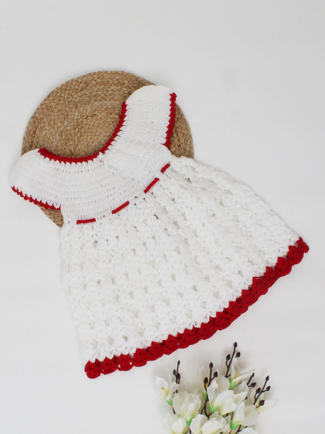 Woonie Handmade Cap Sleeves Flower Detailing Crochet Frock-White