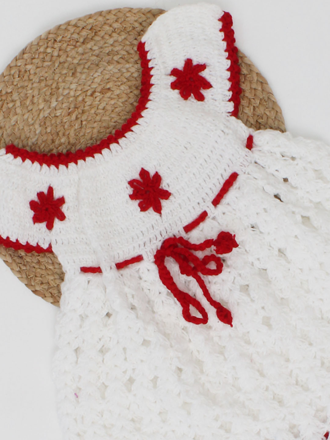 Woonie Handmade Cap Sleeves Flower Detailing Crochet Frock-White