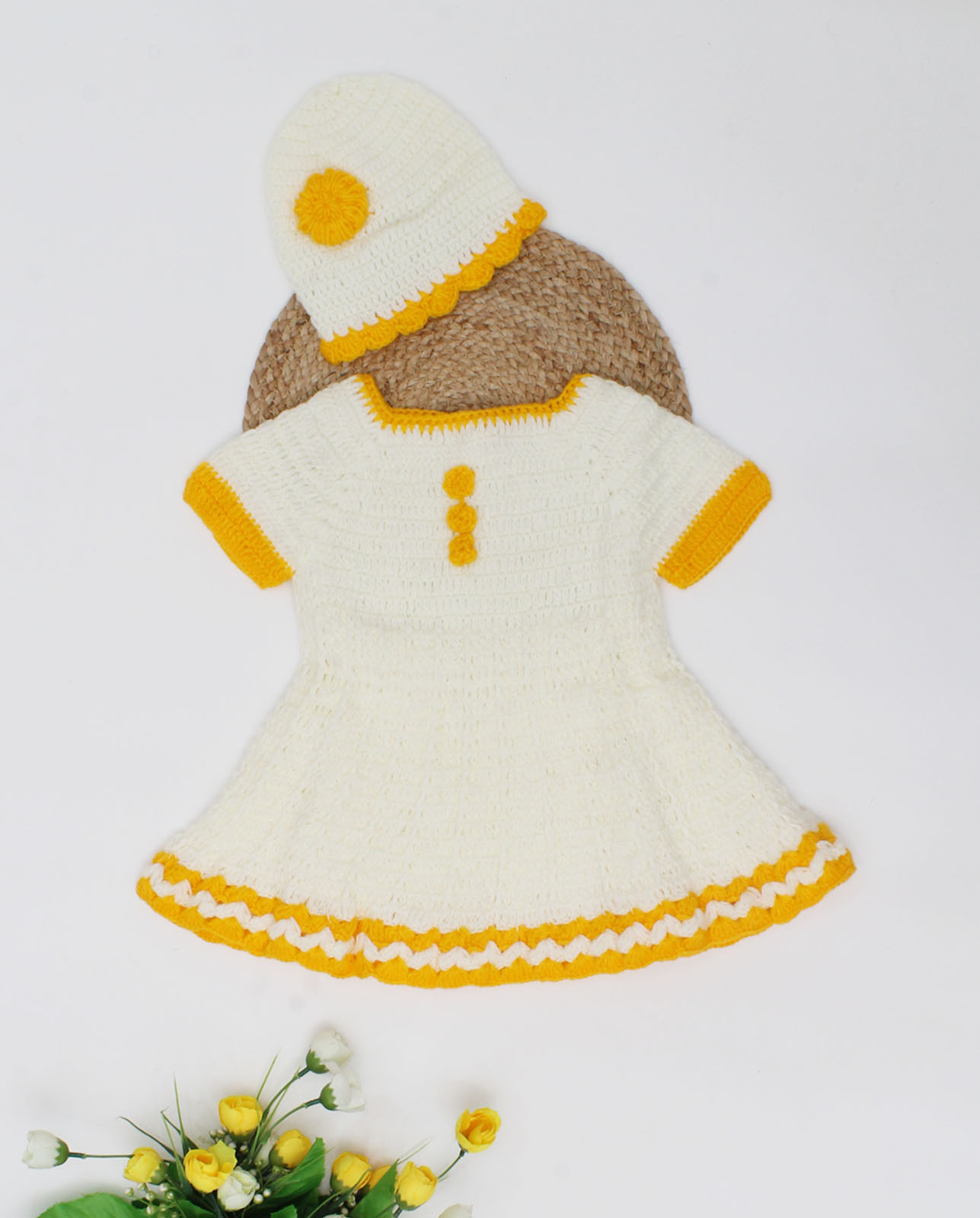 Woonie Handmade Short Sleeves Frock With Cap-Cream