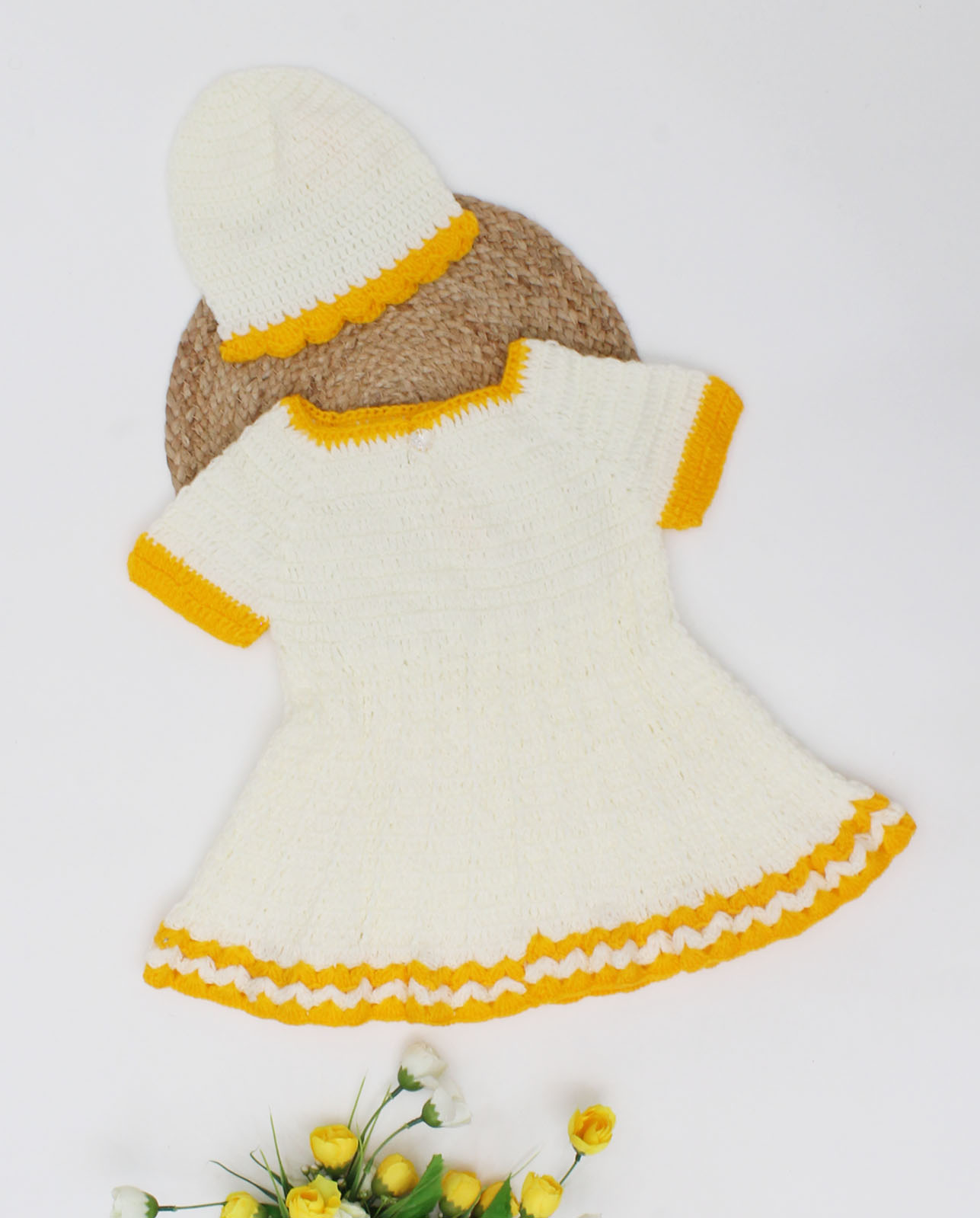 Woonie Handmade Short Sleeves Frock With Cap-Cream