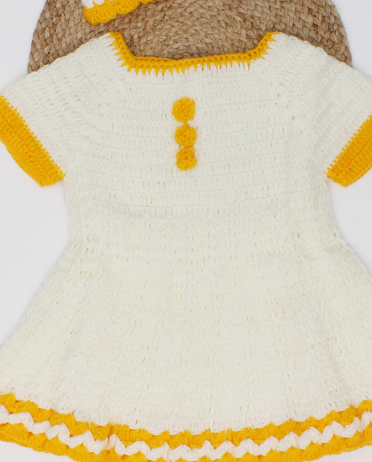 Woonie Handmade Short Sleeves Frock With Cap-Cream
