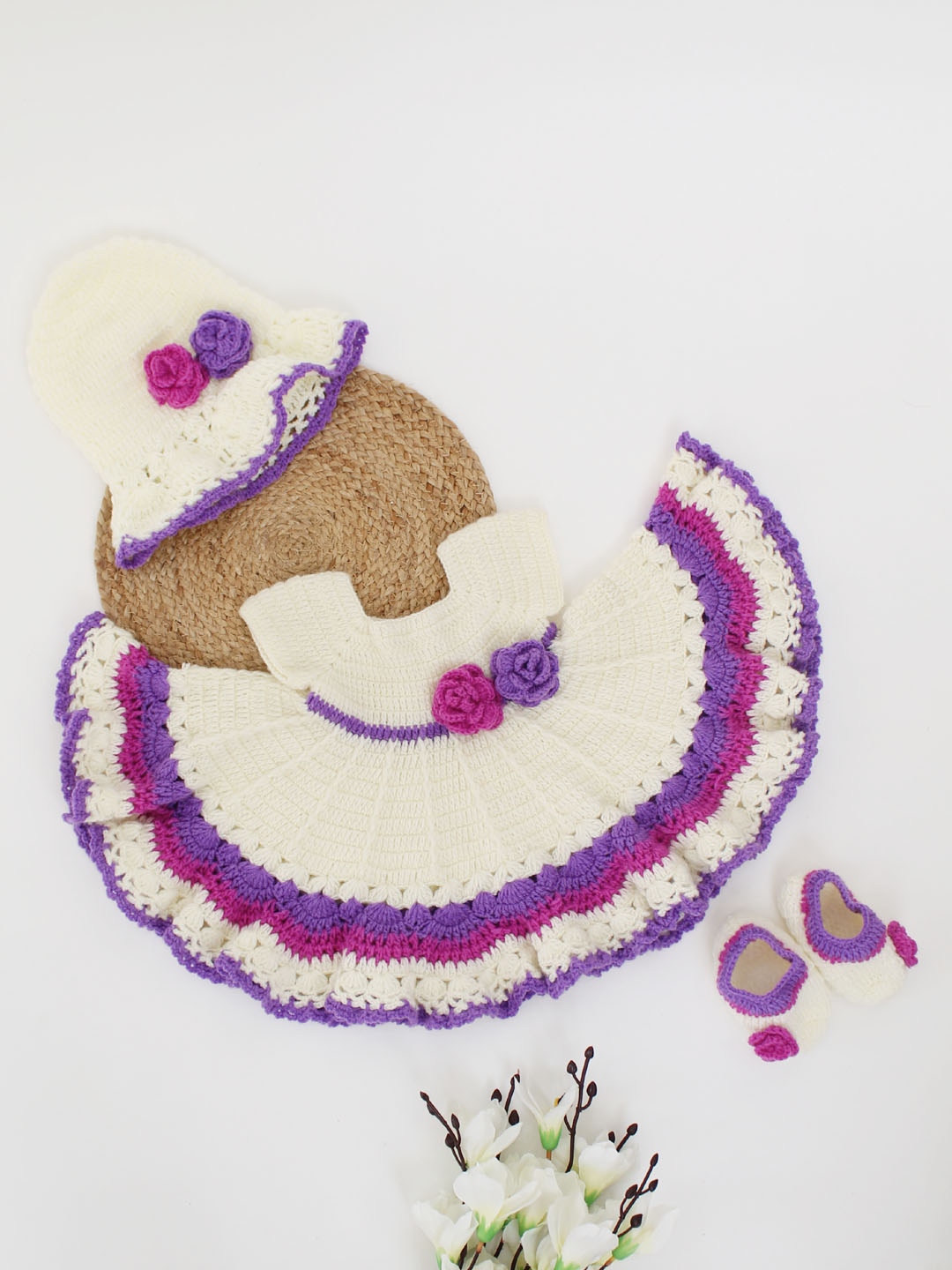 Woonie Handmade Crochet Short Sleeves Heavy Flared Floral Frock With Cap & Booties