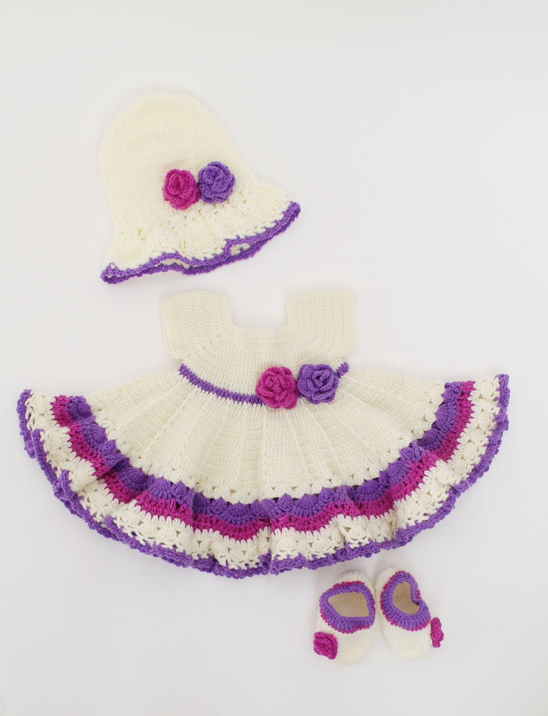 Woonie Handmade Crochet Short Sleeves Heavy Flared Floral Frock With Cap & Booties