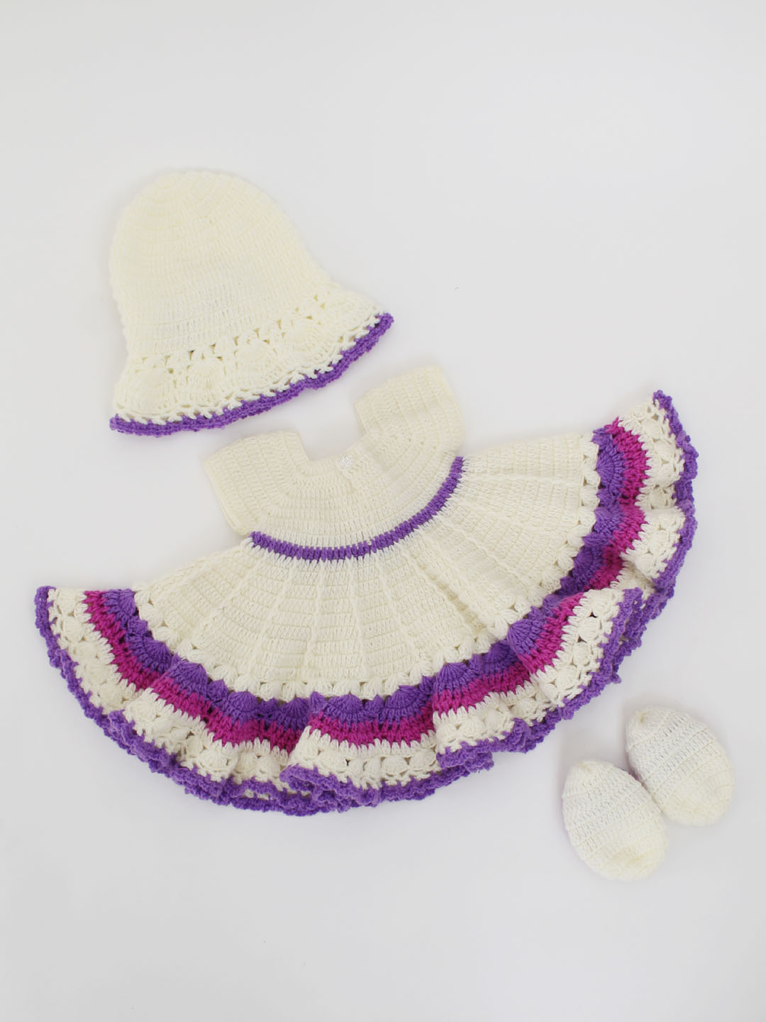 Woonie Handmade Crochet Short Sleeves Heavy Flared Floral Frock With Cap & Booties