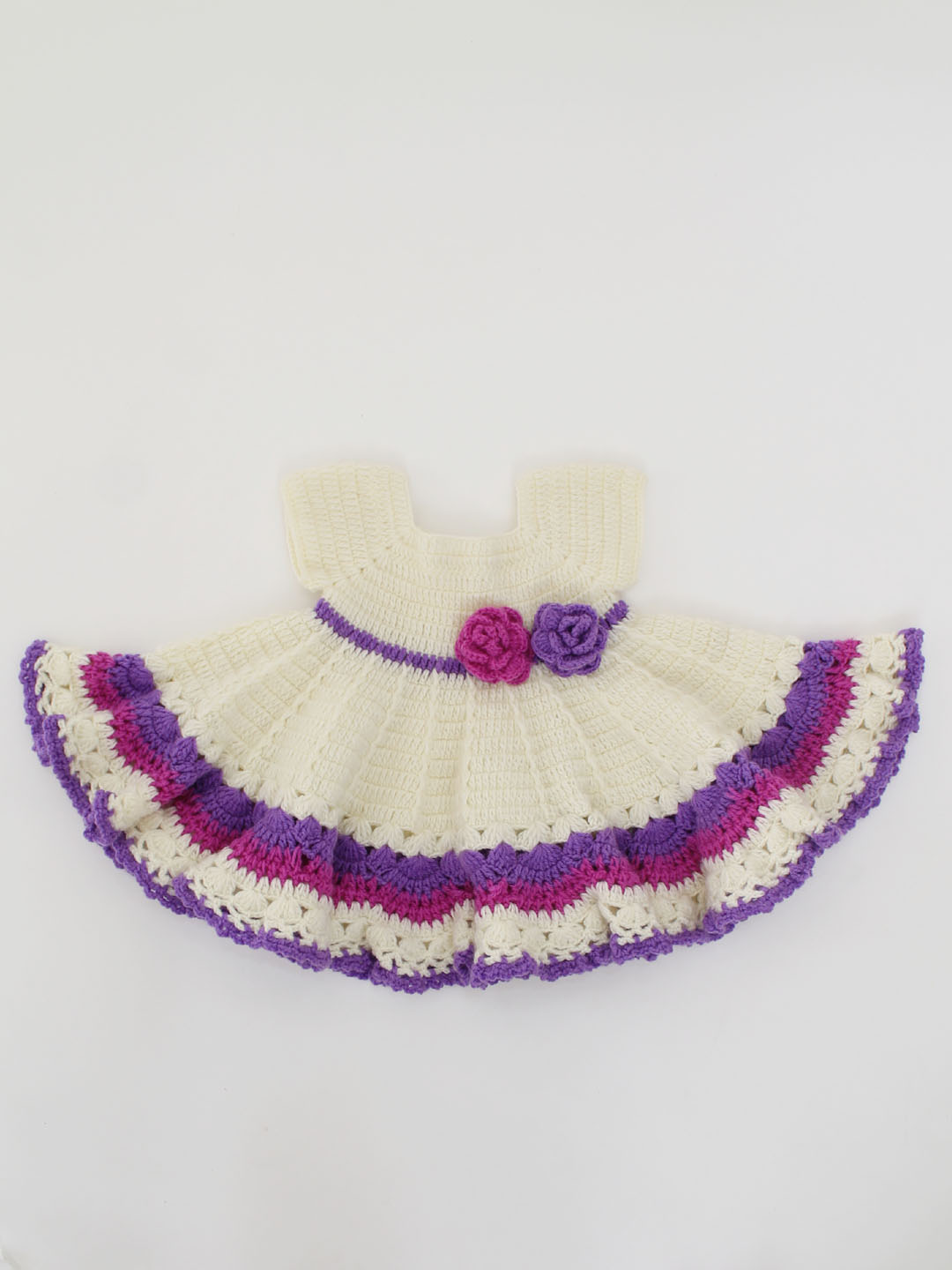 Woonie Handmade Crochet Short Sleeves Heavy Flared Floral Frock With Cap & Booties