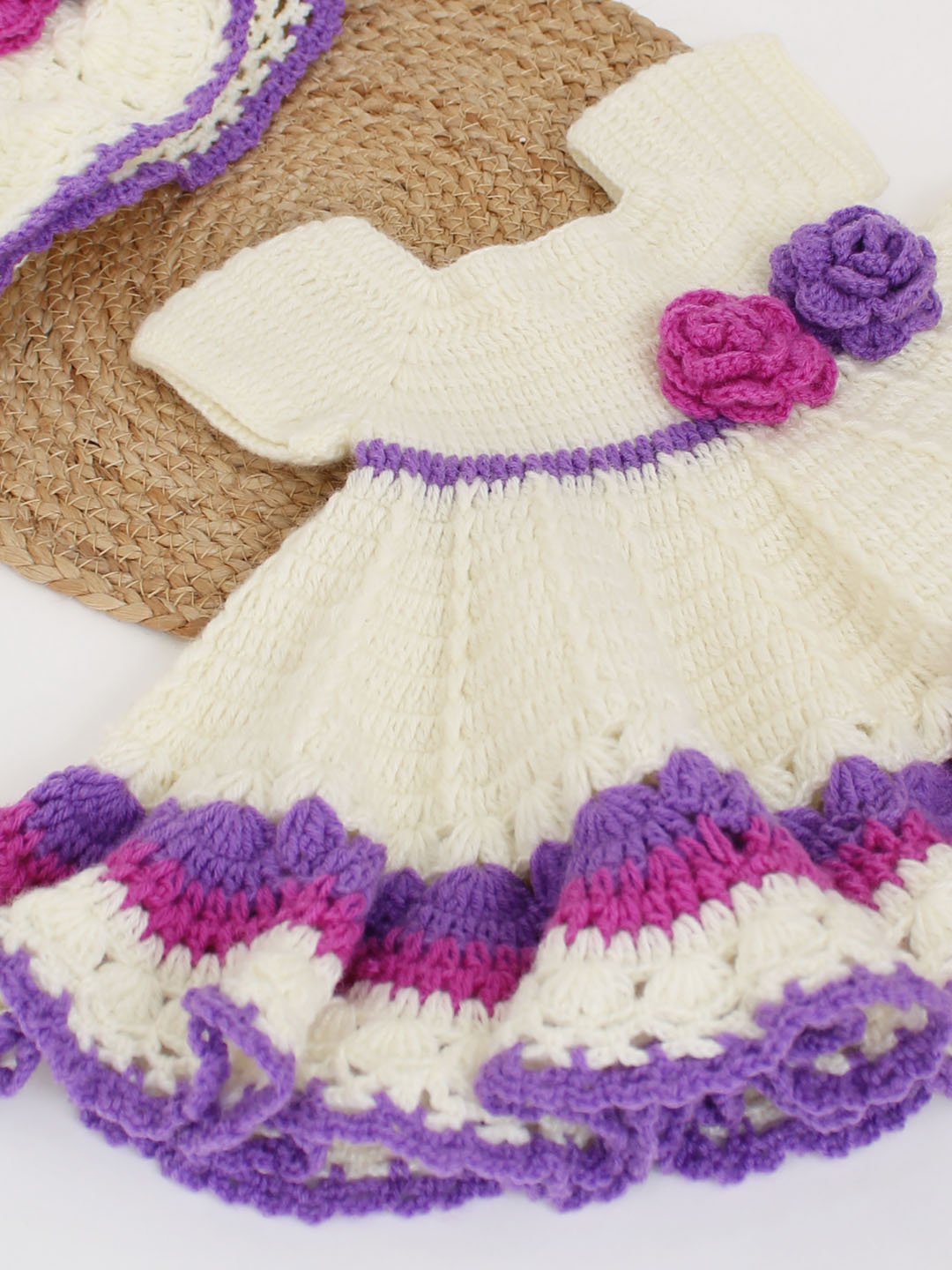 Woonie Handmade Crochet Short Sleeves Heavy Flared Floral Frock With Cap & Booties
