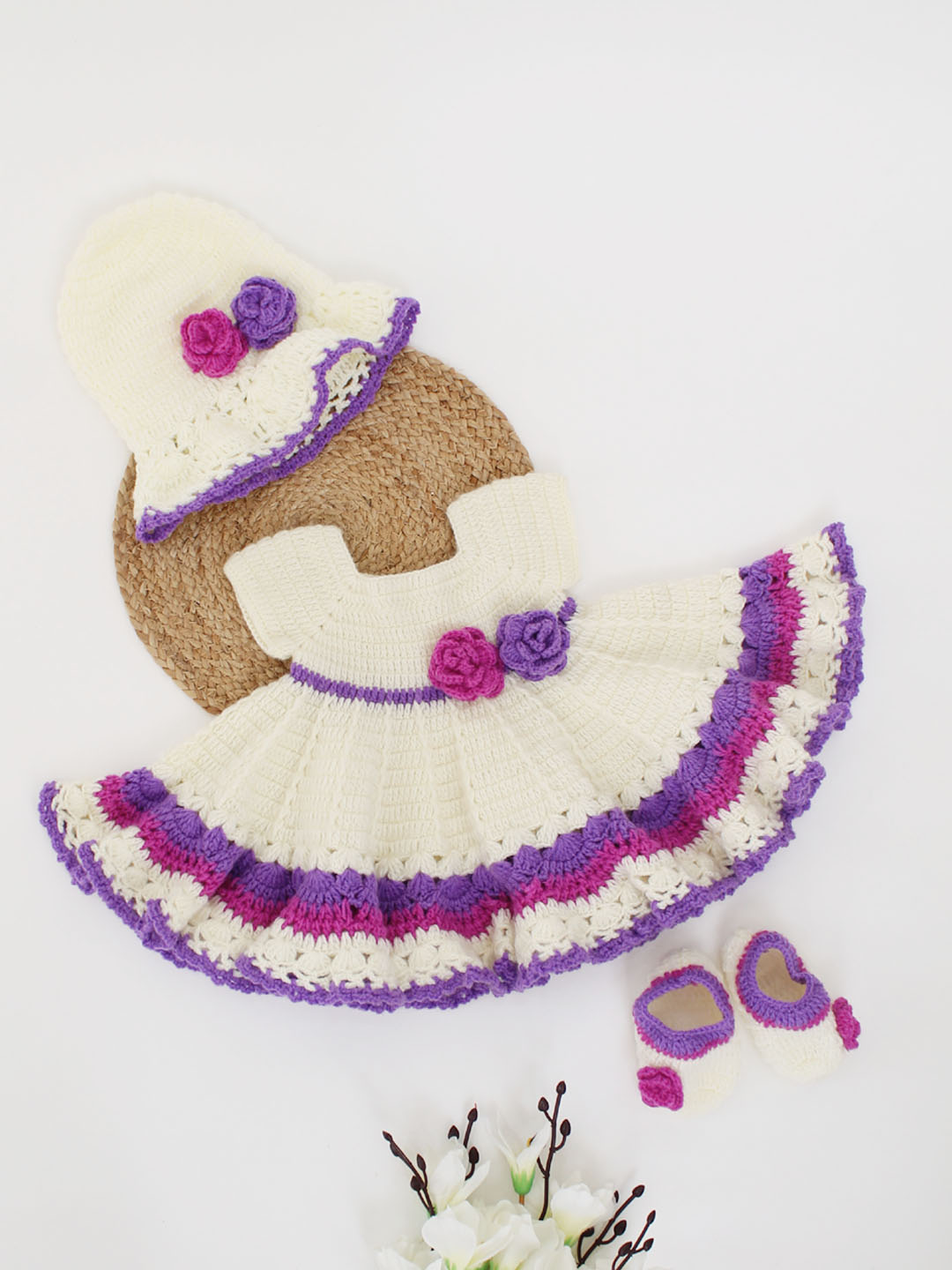 Woonie Handmade Crochet Short Sleeves Heavy Flared Floral Frock With Cap & Booties