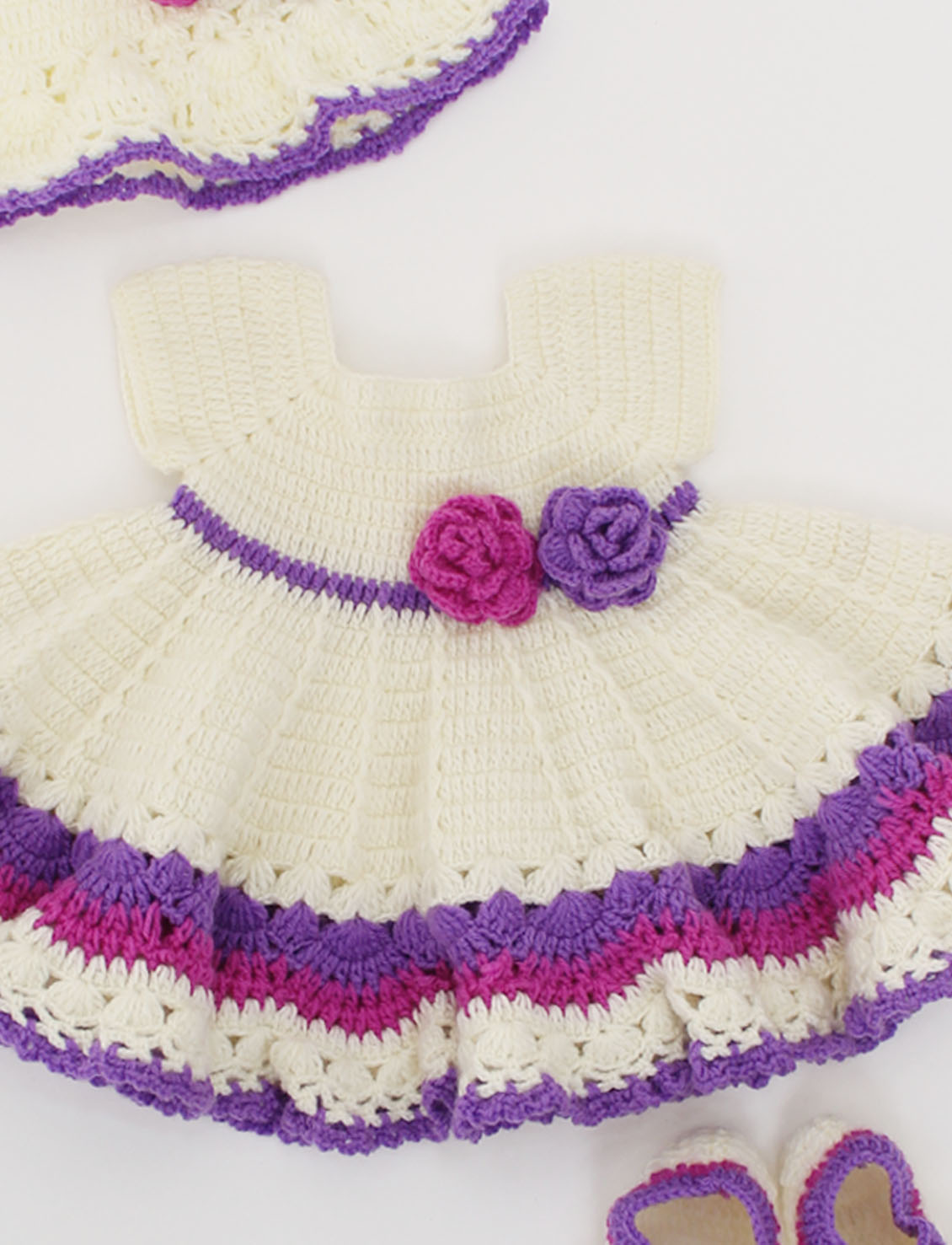Woonie Handmade Crochet Short Sleeves Heavy Flared Floral Frock With Cap & Booties