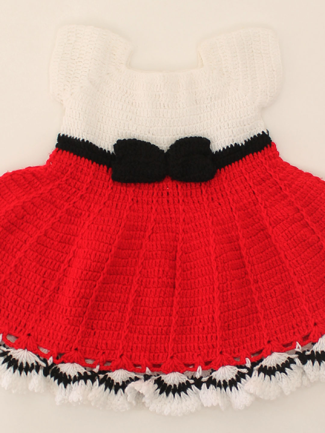 Woonie Handmade Crochet Bow Detailing Half Sleeves Dual Colour Frock-White & Red