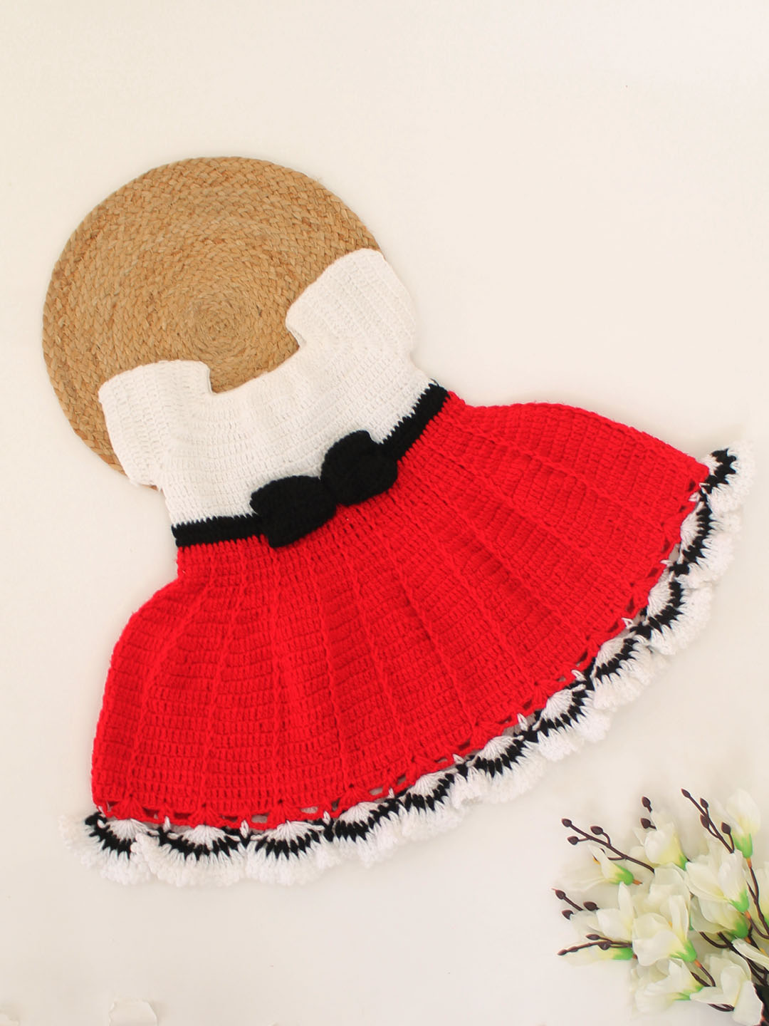 Woonie Handmade Crochet Bow Detailing Half Sleeves Dual Colour Frock-White & Red