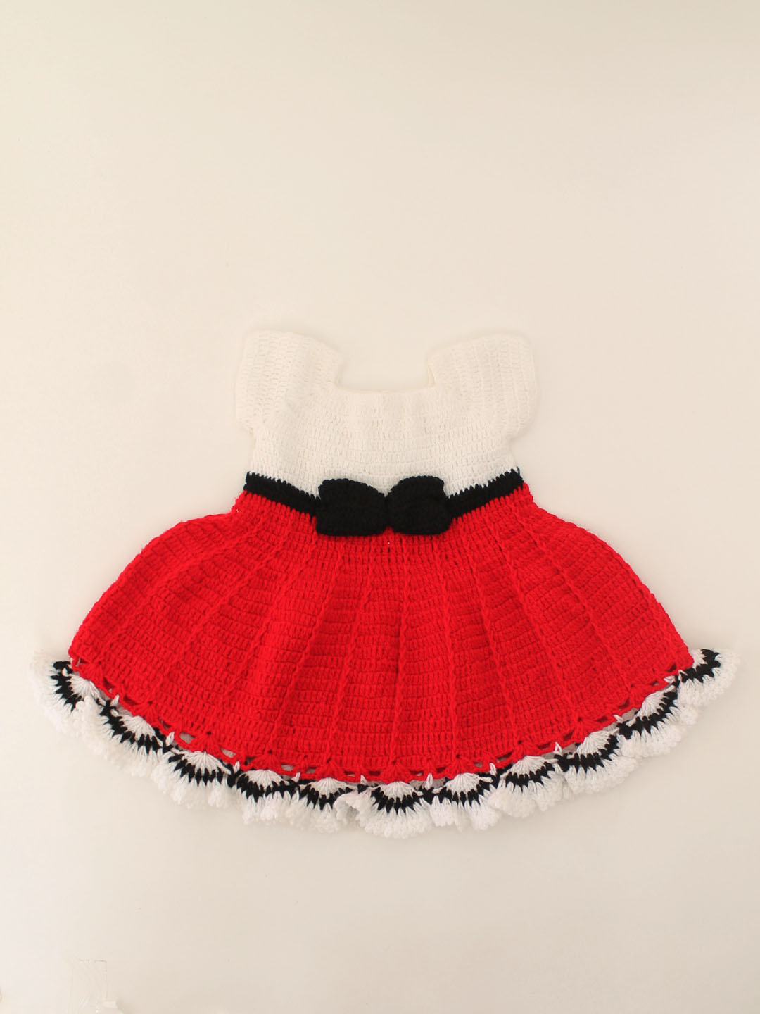 Woonie Handmade Crochet Bow Detailing Half Sleeves Dual Colour Frock-White & Red