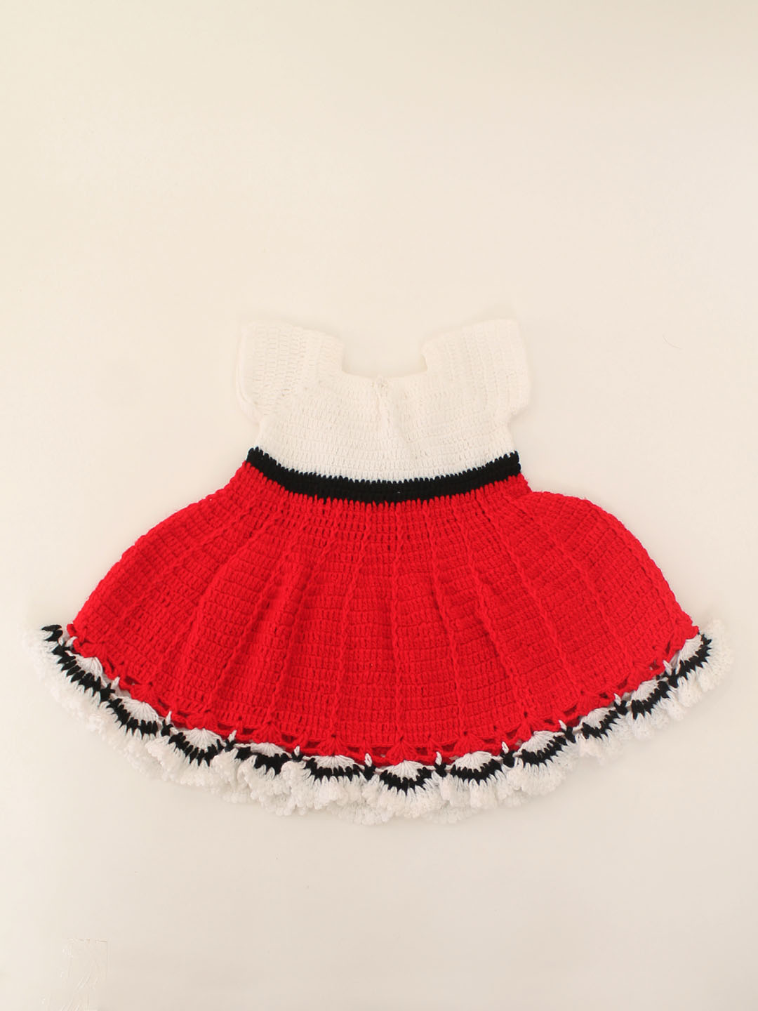 Woonie Handmade Crochet Bow Detailing Half Sleeves Dual Colour Frock-White & Red