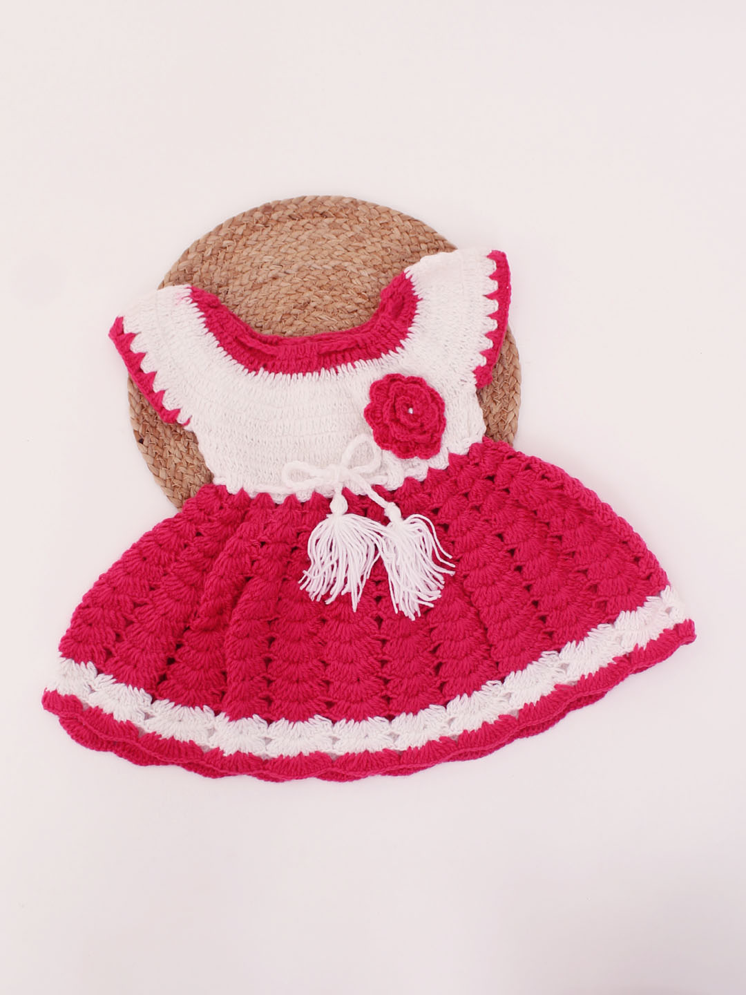 Woonie Handmade Crochet Short Sleeves Floral Drawstring Frock -Pink