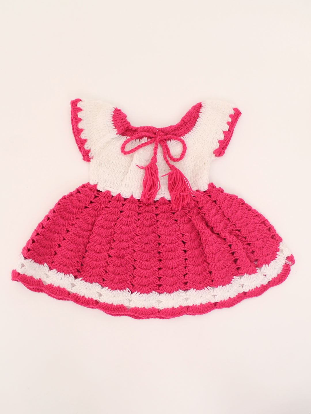 Woonie Handmade Crochet Short Sleeves Floral Drawstring Frock -Pink