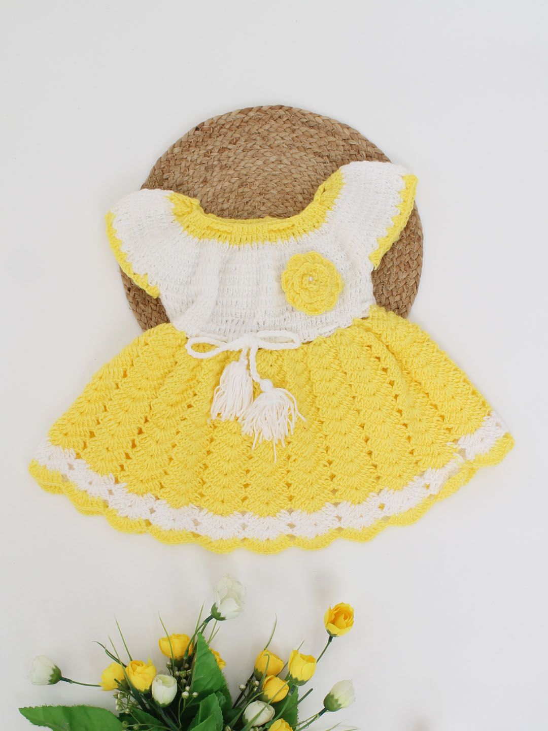 Woonie Handmade Crochet Short Sleeves Floral Drawstring Frock -Yellow