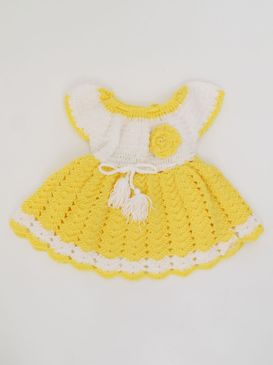 Woonie Handmade Crochet Short Sleeves Floral Drawstring Frock -Yellow