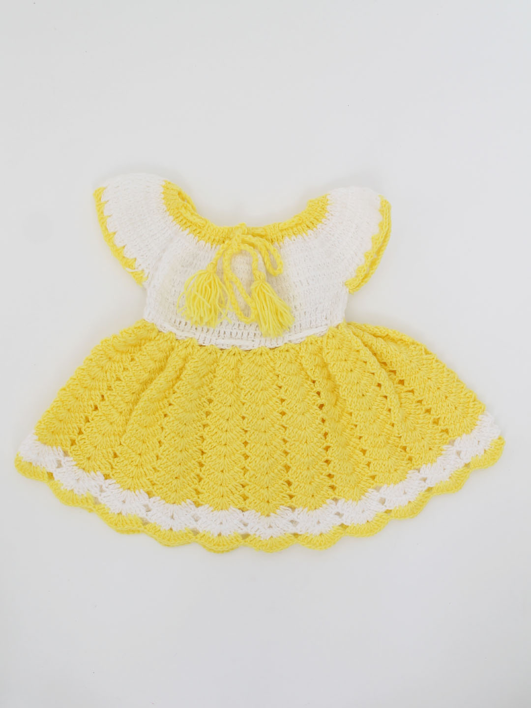 Woonie Handmade Crochet Short Sleeves Floral Drawstring Frock -Yellow