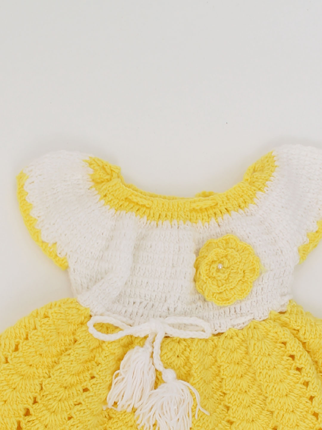 Woonie Handmade Crochet Short Sleeves Floral Drawstring Frock -Yellow