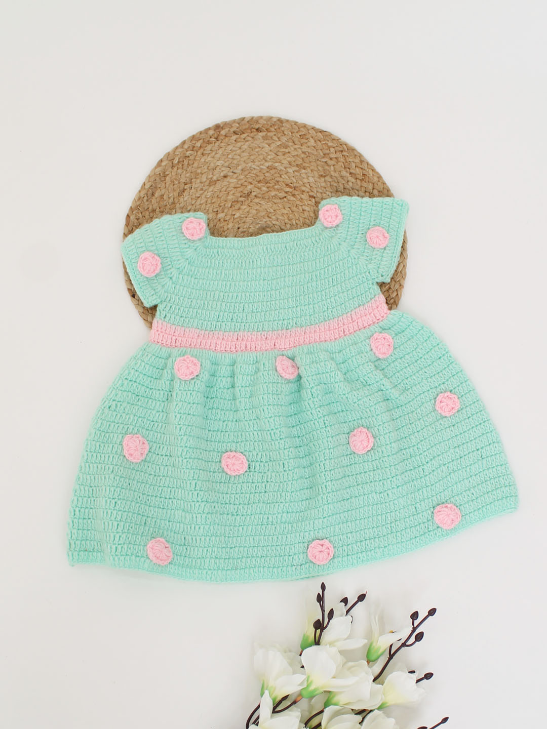 Woonie Handmade Short Sleeves Polka Dot Frock-Green